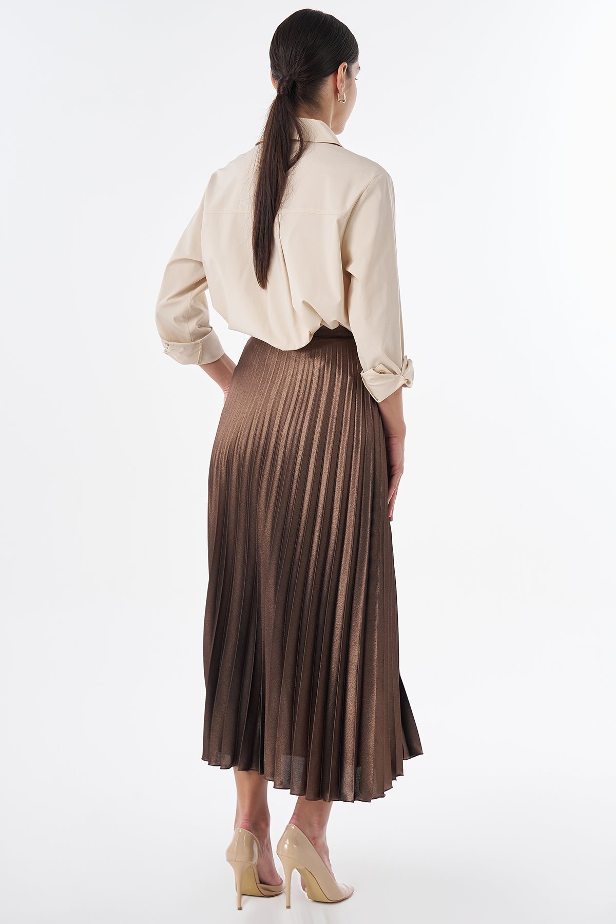 Shiny Pleated Skirt Copper