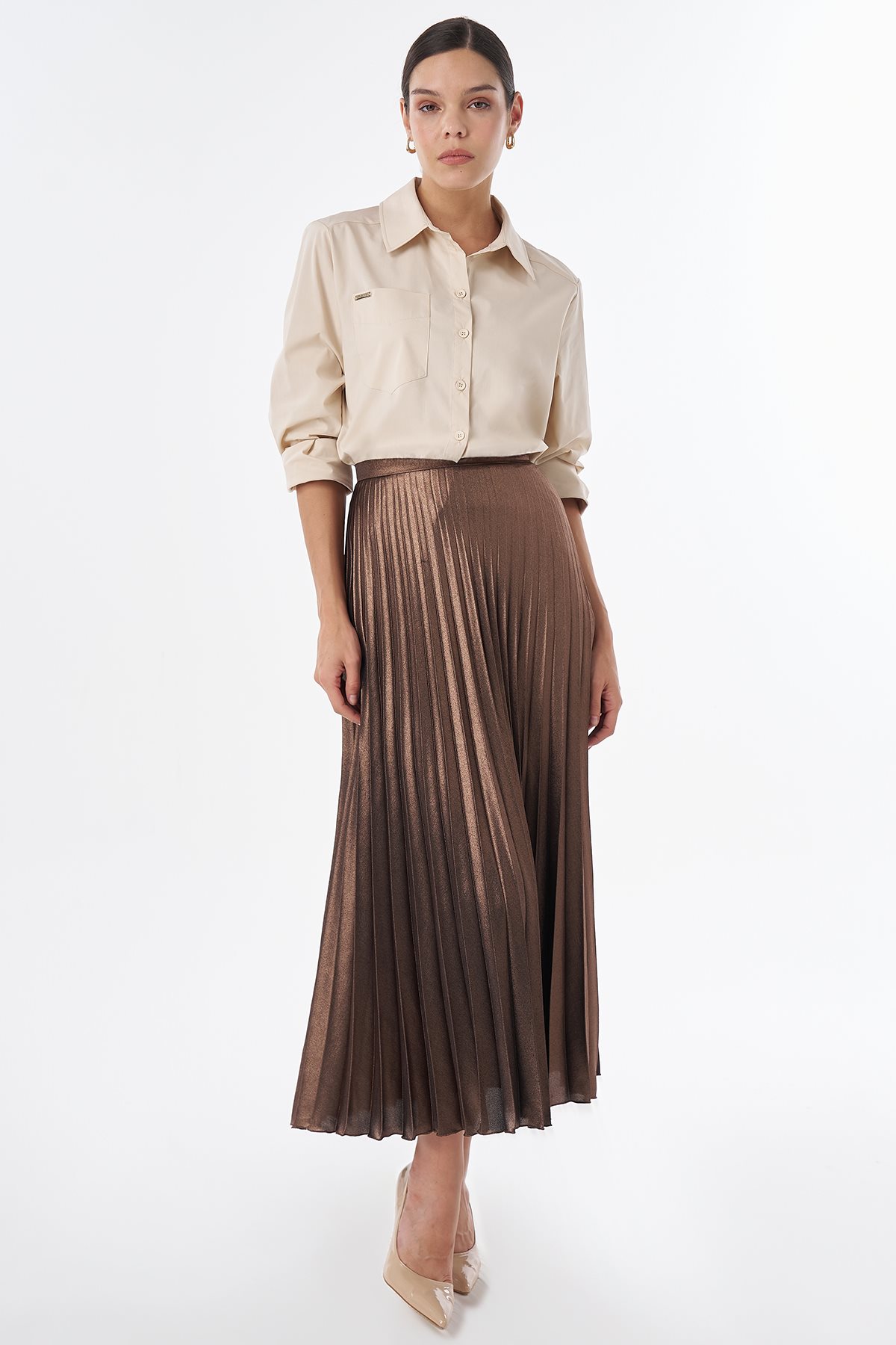 Shiny Pleated Skirt Copper
