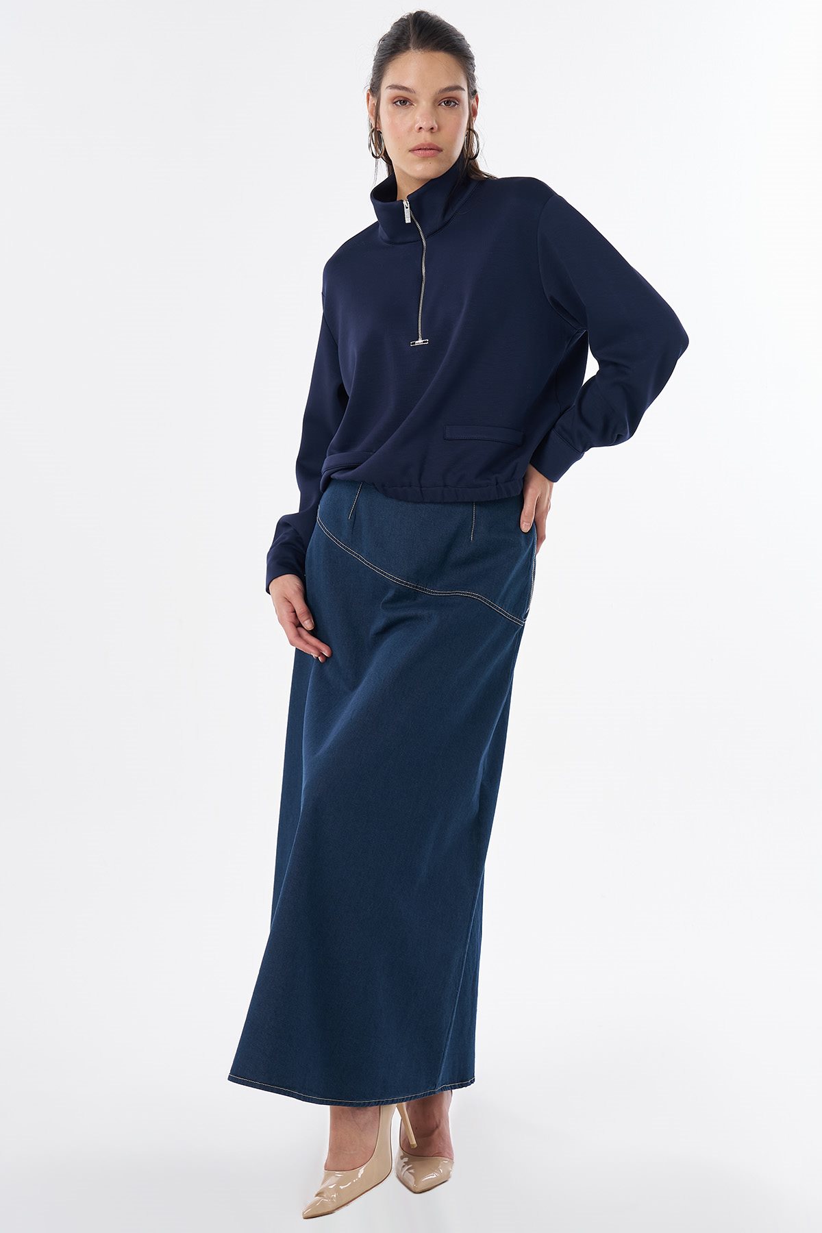 Dik Yaka Rayon Bluz Lacivert