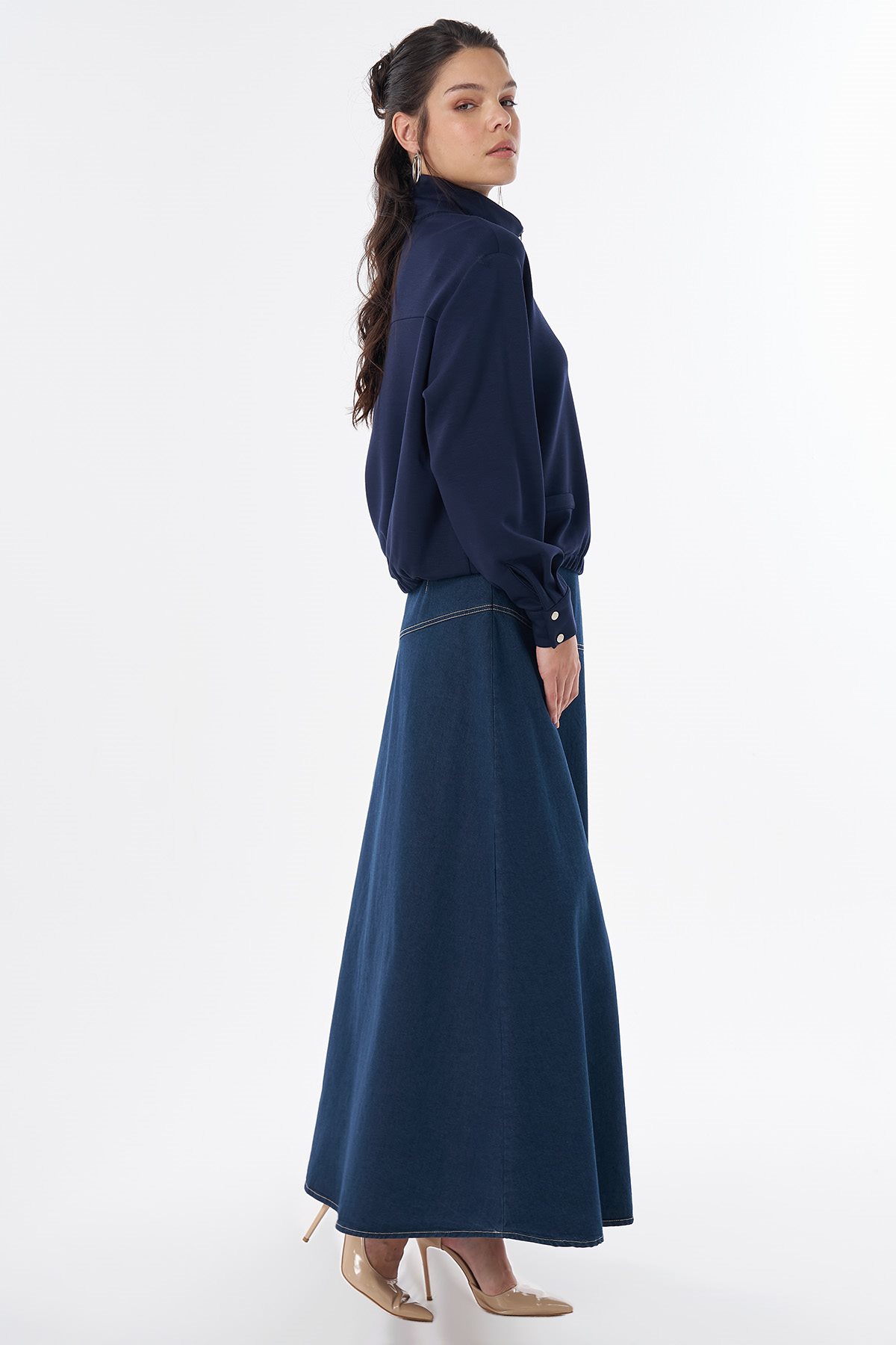 Dik Yaka Rayon Bluz Lacivert