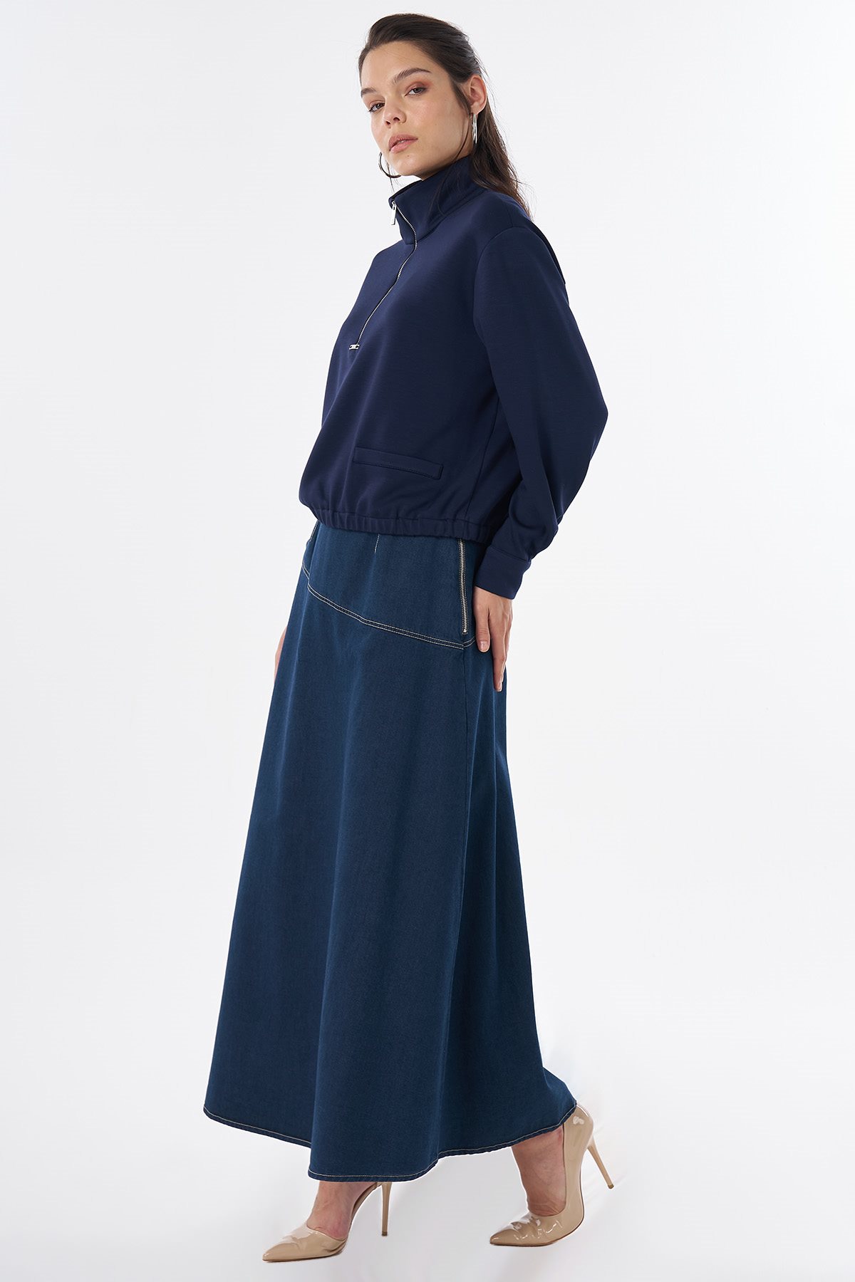 Dik Yaka Rayon Bluz Lacivert
