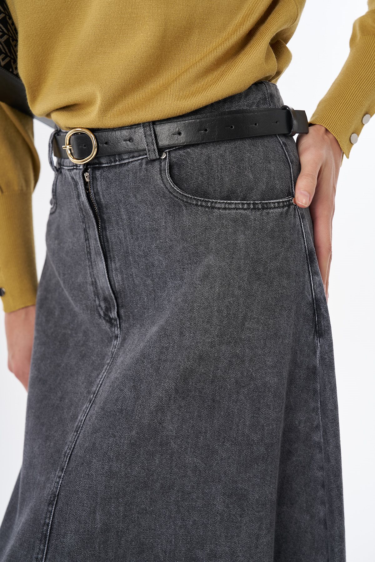 Yüksek Bel Denim Etek Siyah