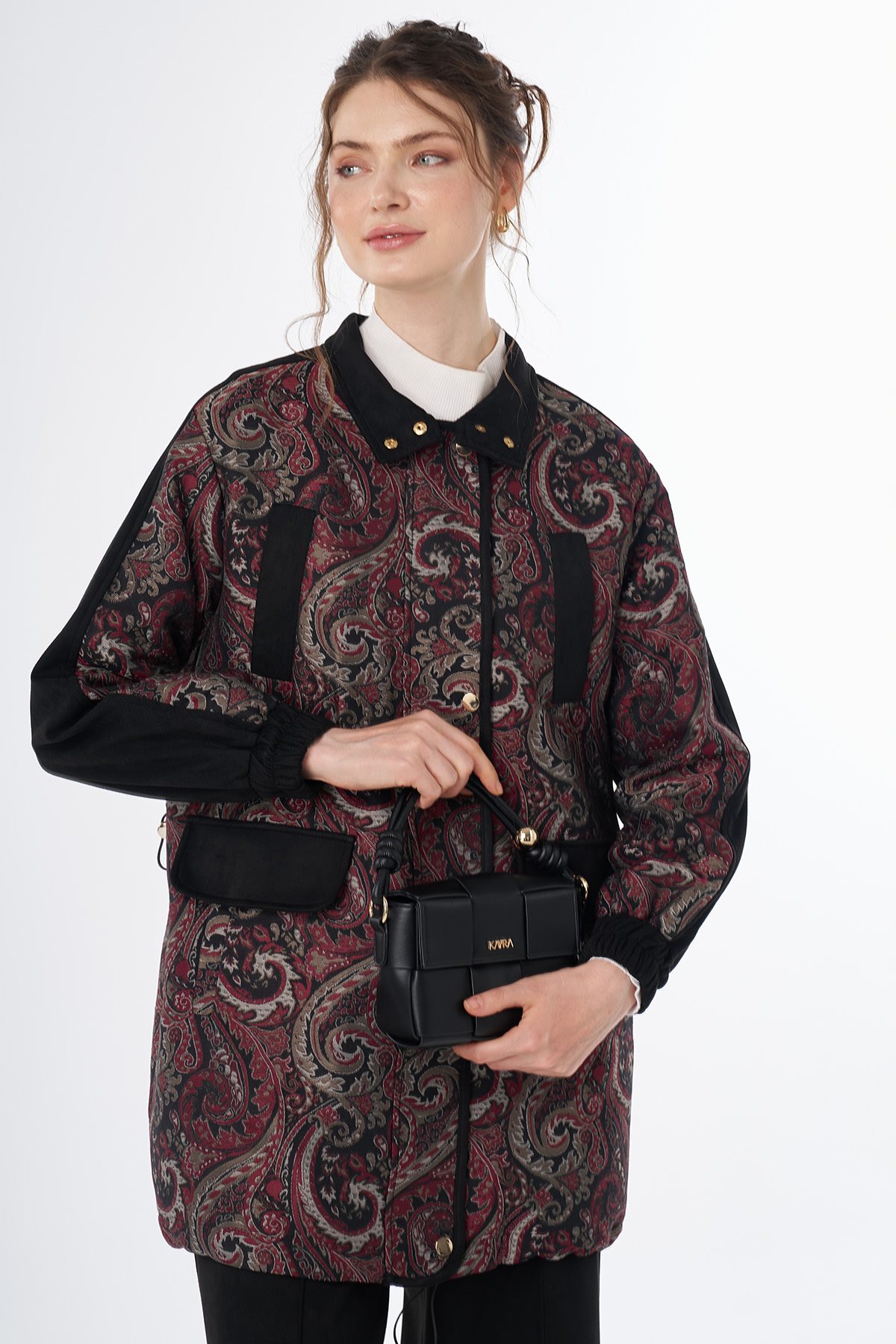Scarf Print High-Neck Jacket Red