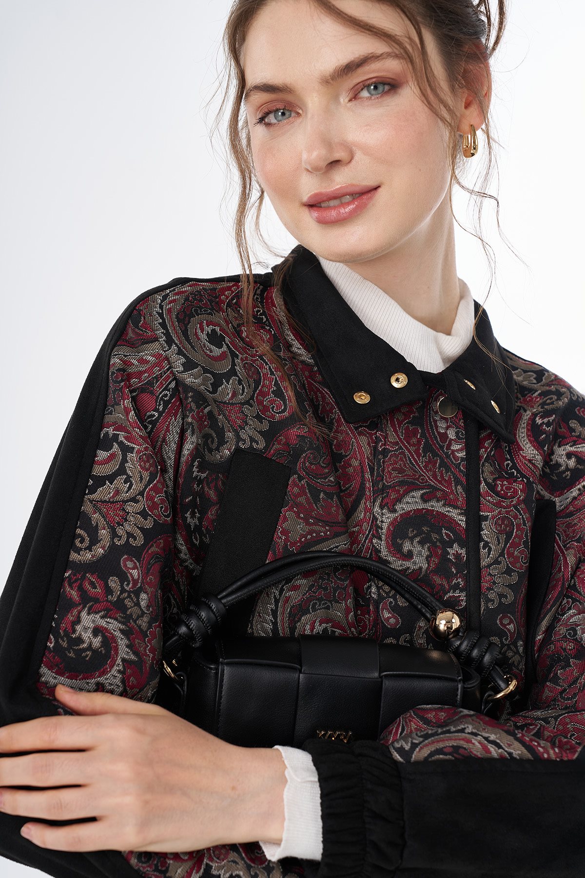 Scarf Print High-Neck Jacket Red