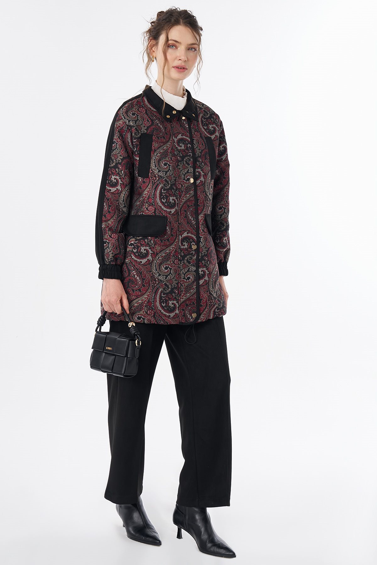 Scarf Print High-Neck Jacket Red