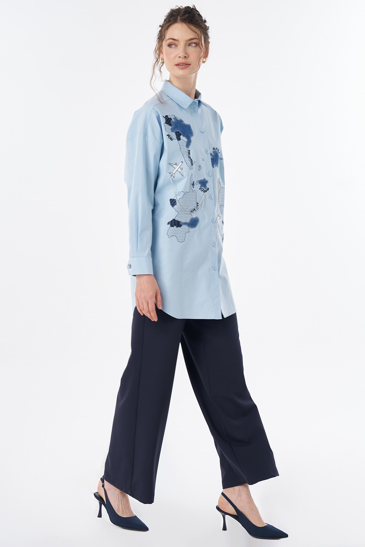 Map Embroidered Cotton Tunic Blue