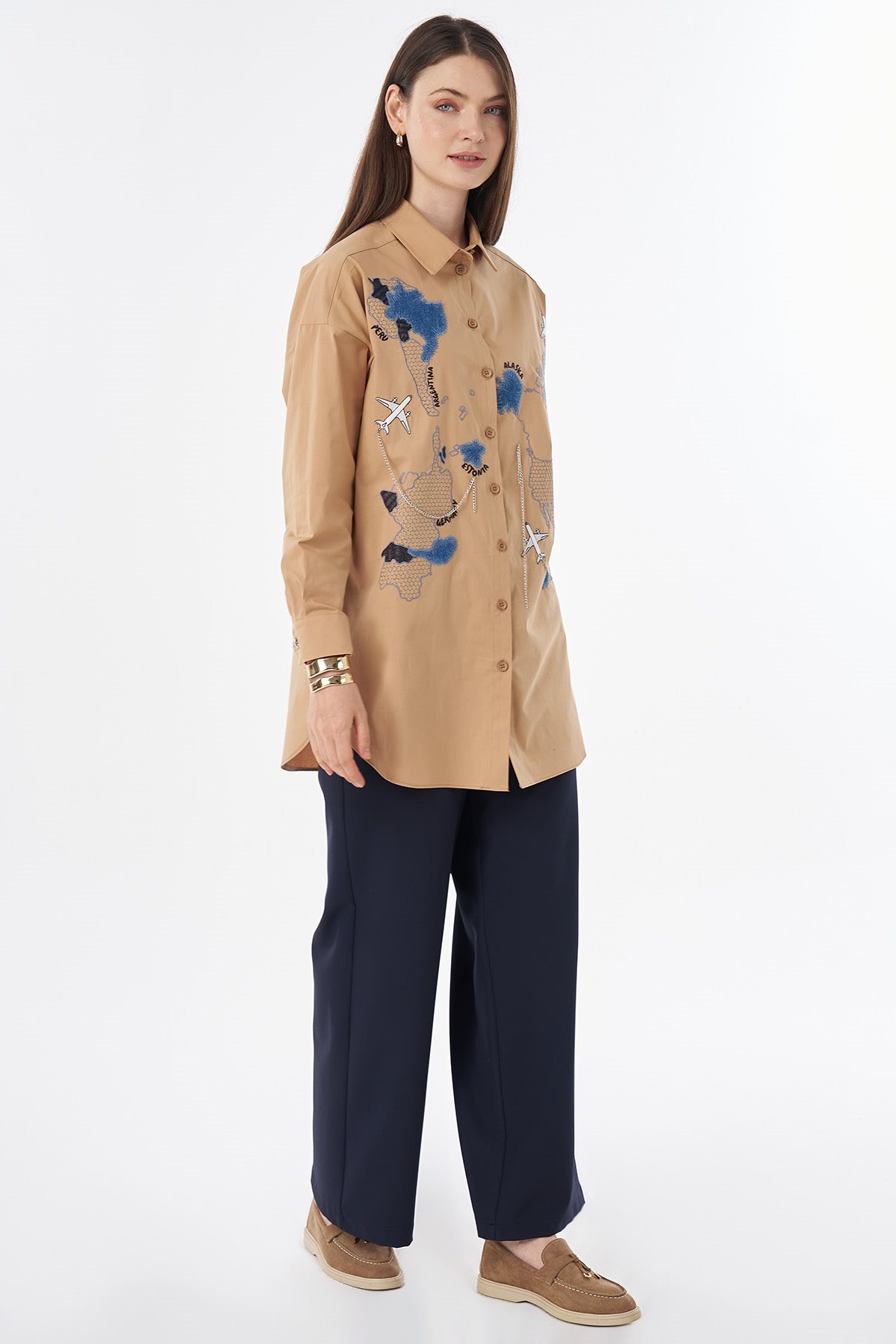 Map Embroidered Cotton Tunic Camel