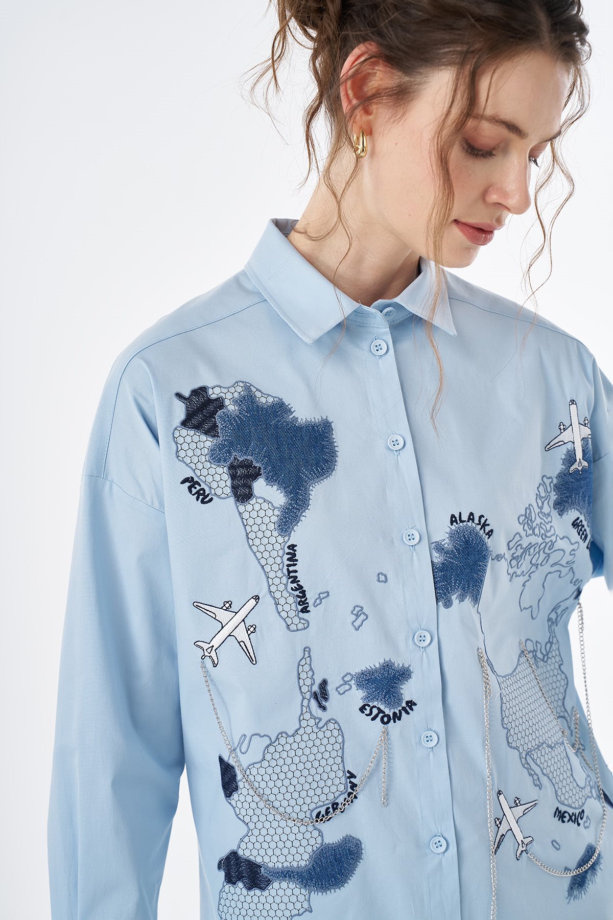 Map Embroidered Cotton Tunic Blue