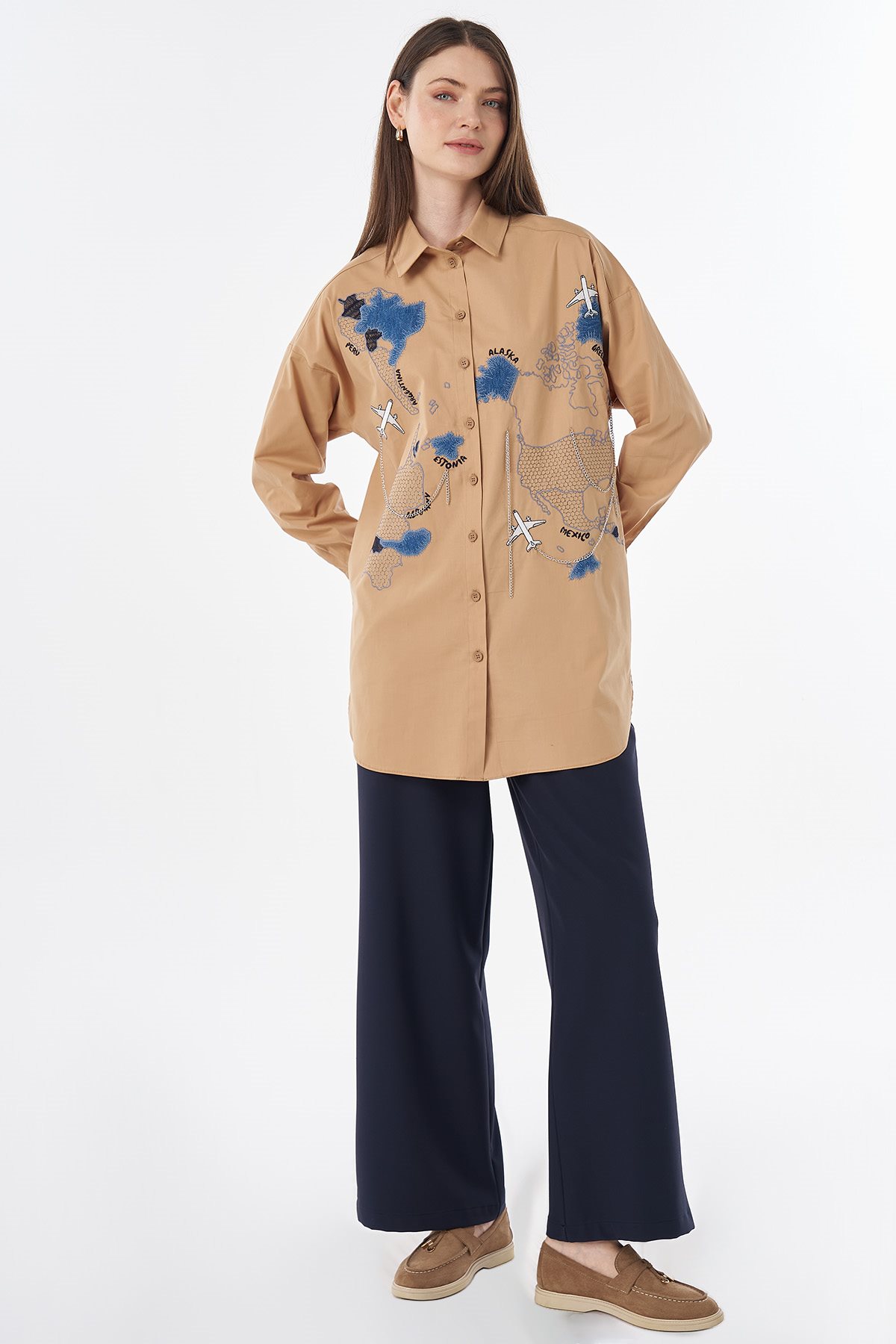 Map Embroidered Cotton Tunic Camel