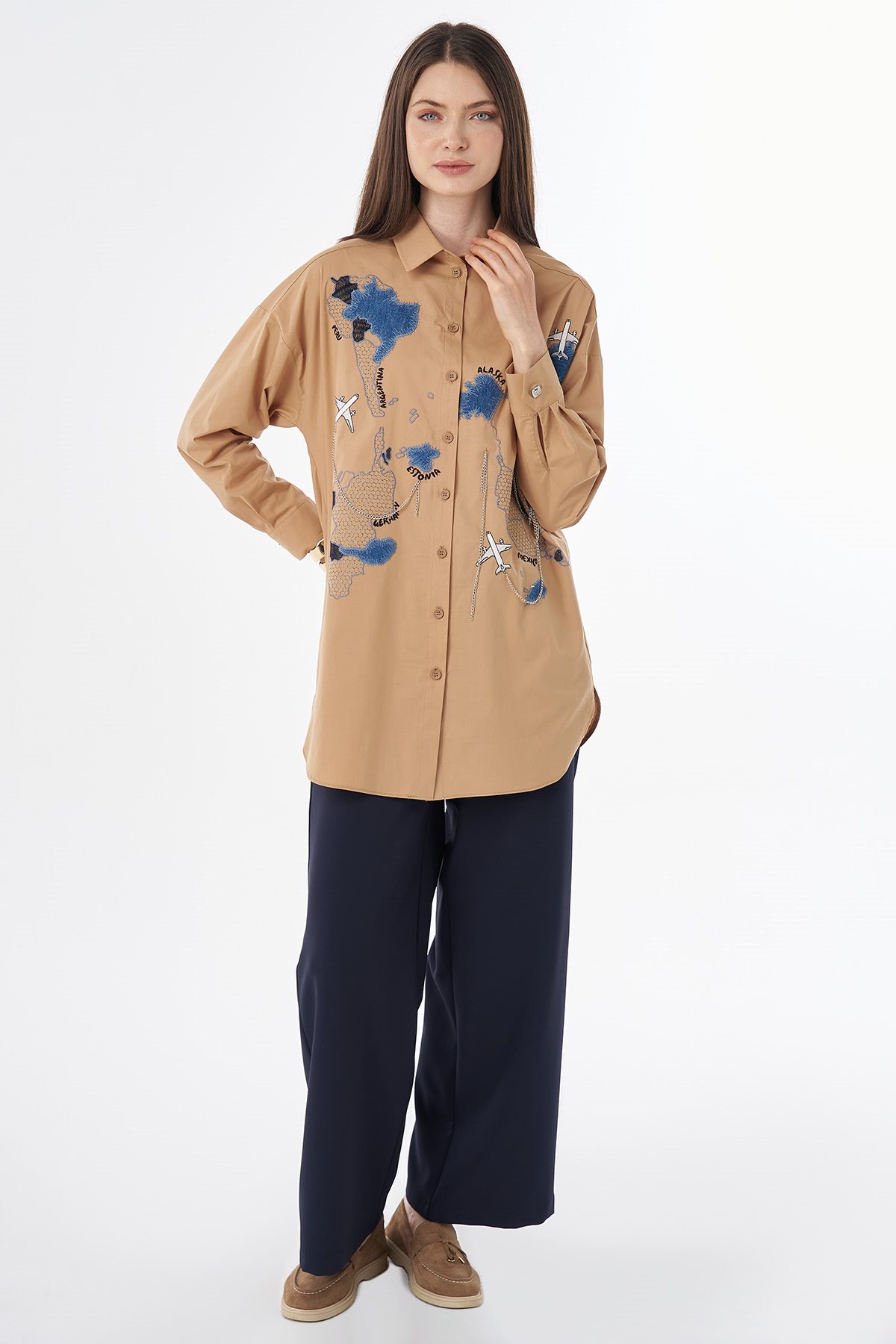 Map Embroidered Cotton Tunic Camel