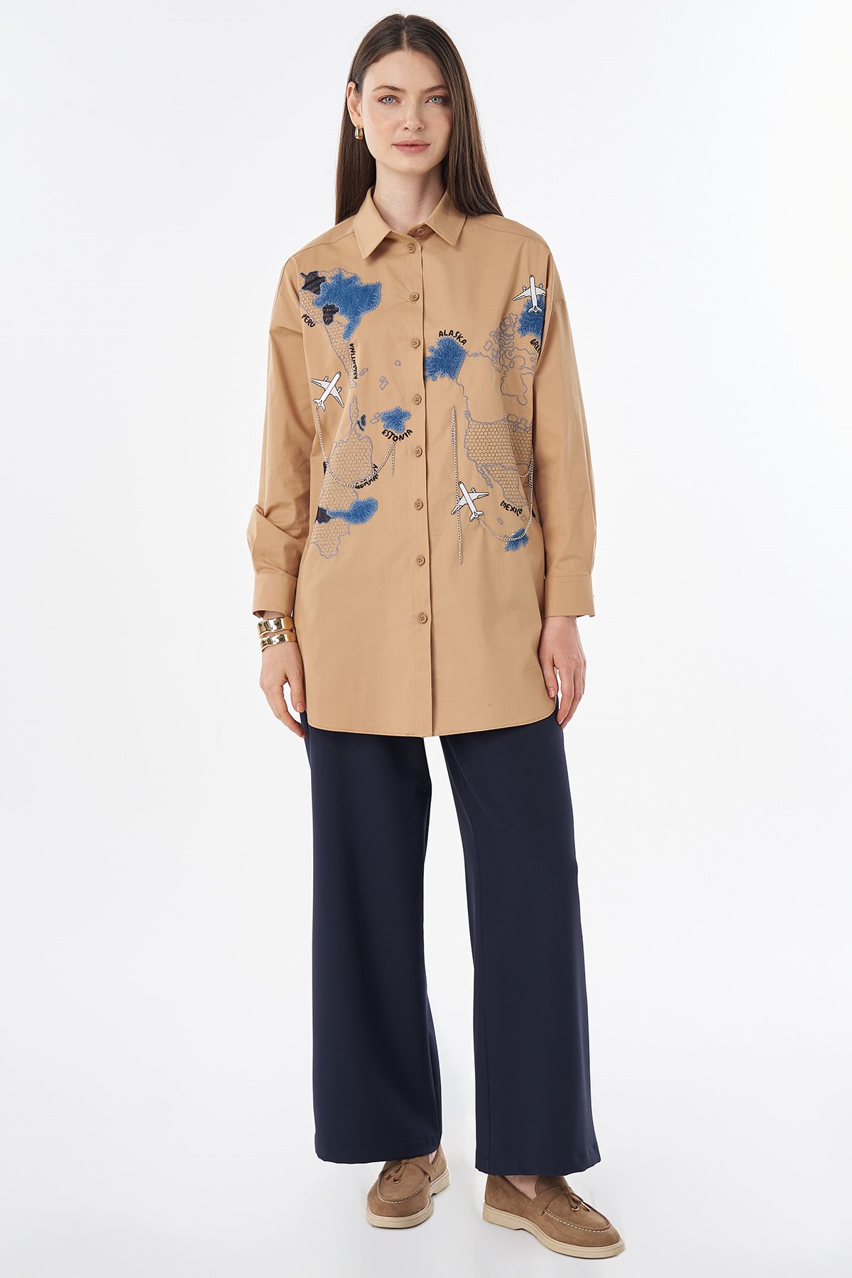 Map Embroidered Cotton Tunic Camel