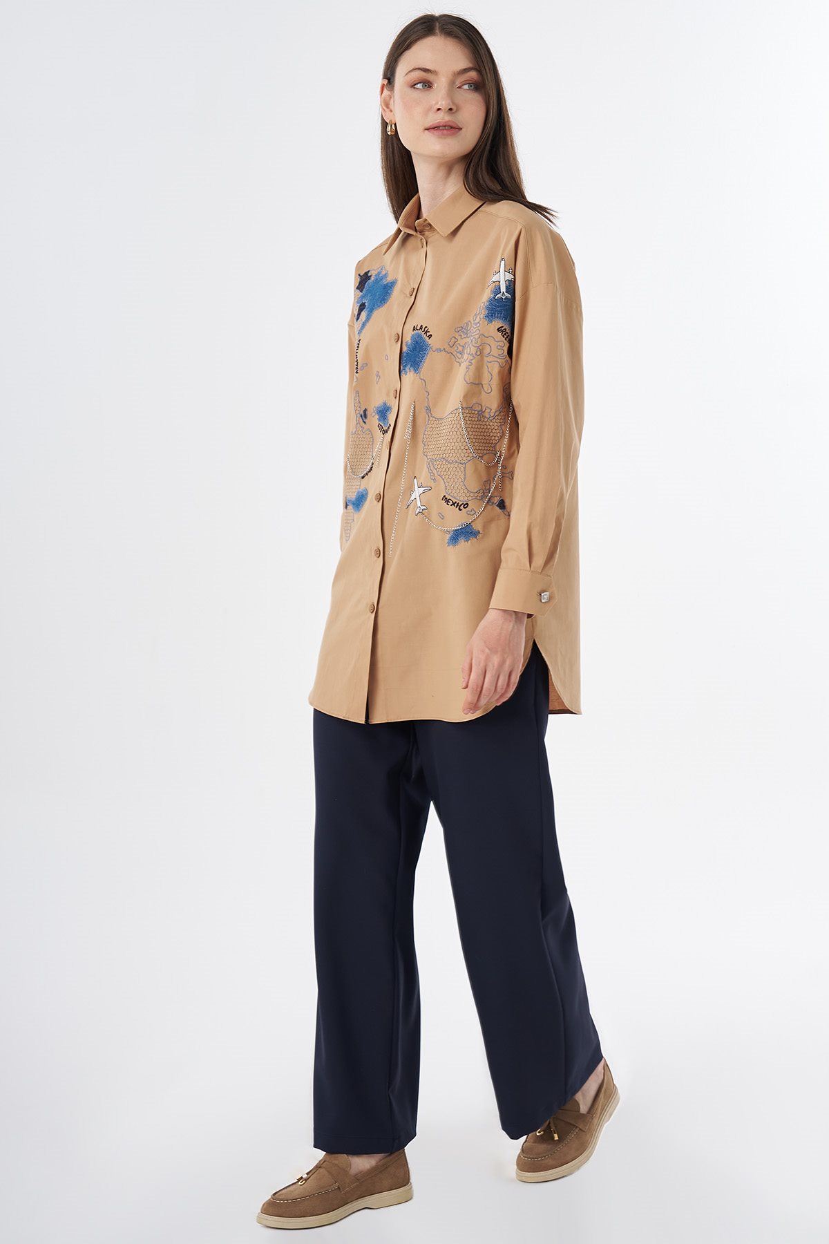 Map Embroidered Cotton Tunic Camel