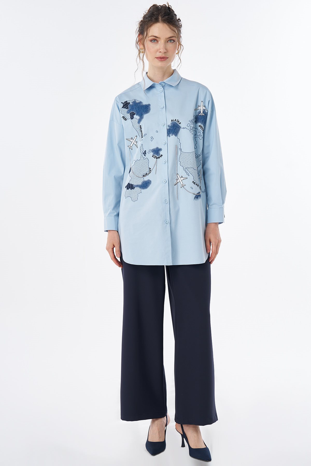 Map Embroidered Cotton Tunic Blue