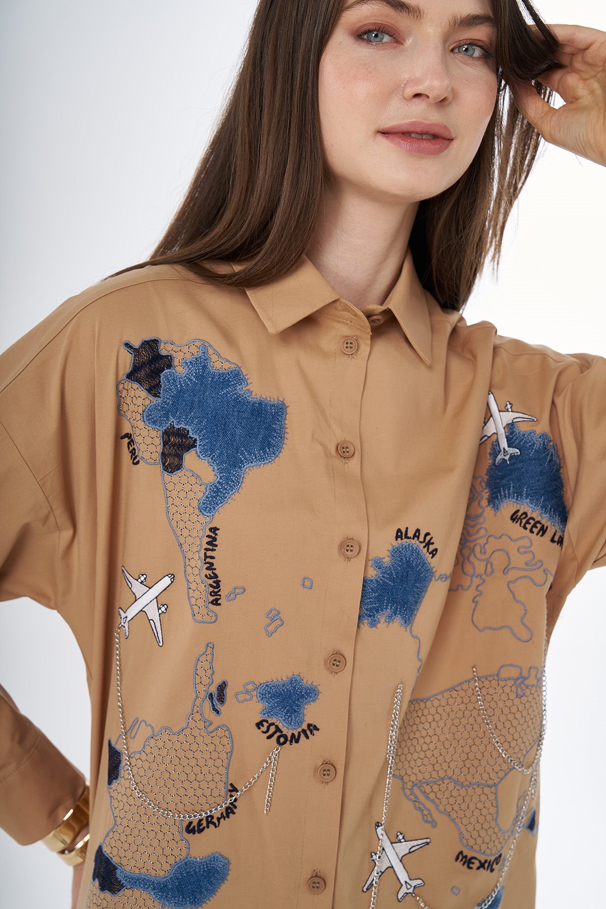 Map Embroidered Cotton Tunic Camel