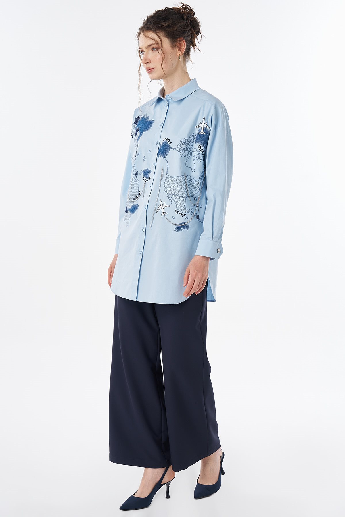 Map Embroidered Cotton Tunic Blue