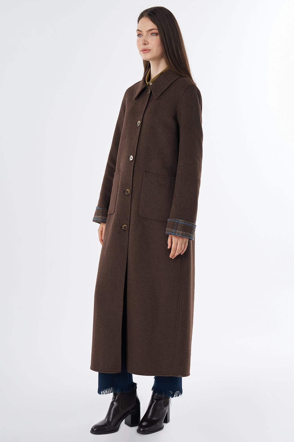 Patch-Pocket Wool-Blend Coat Brown