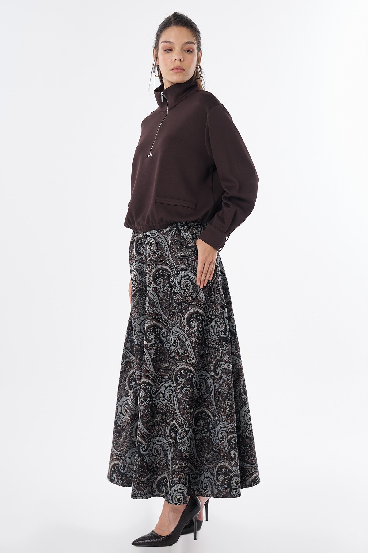 Dik Yaka Rayon Bluz Kahve