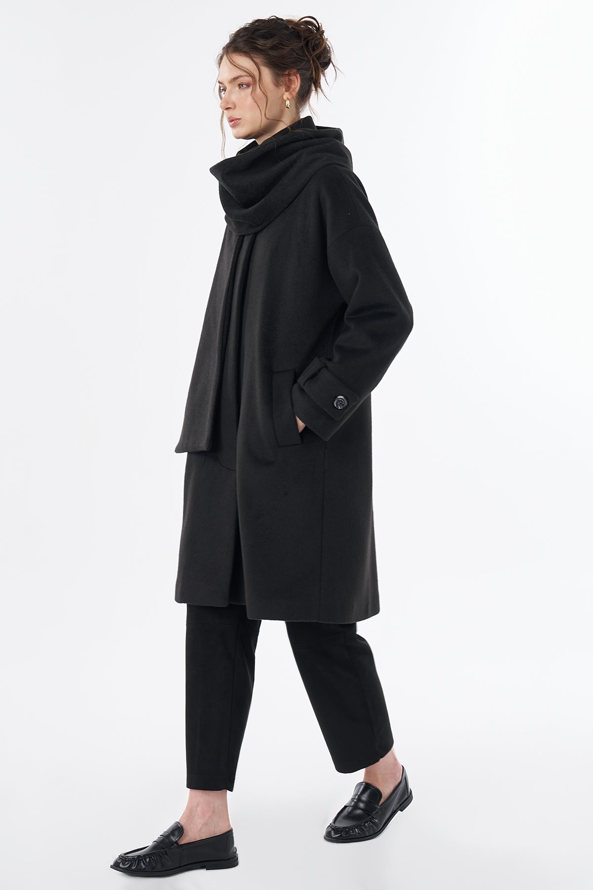 Scarf-Detail Wool Blend Coat Black