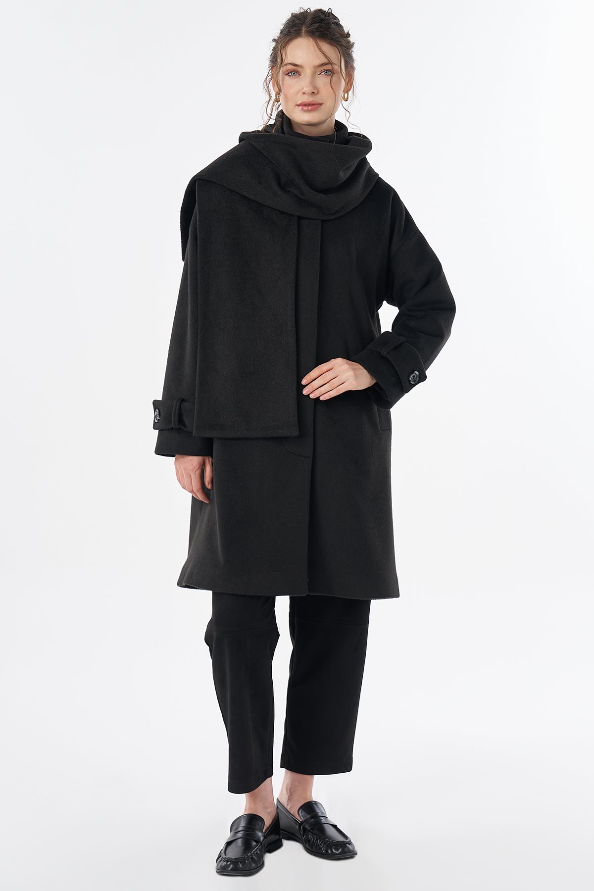 Scarf-Detail Wool Blend Coat Black