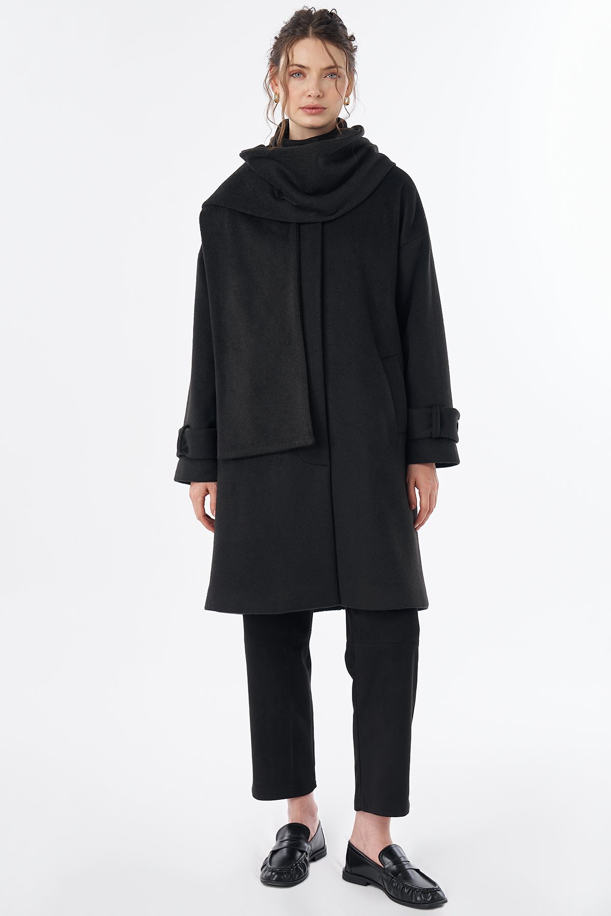 Scarf-Detail Wool Blend Coat Black
