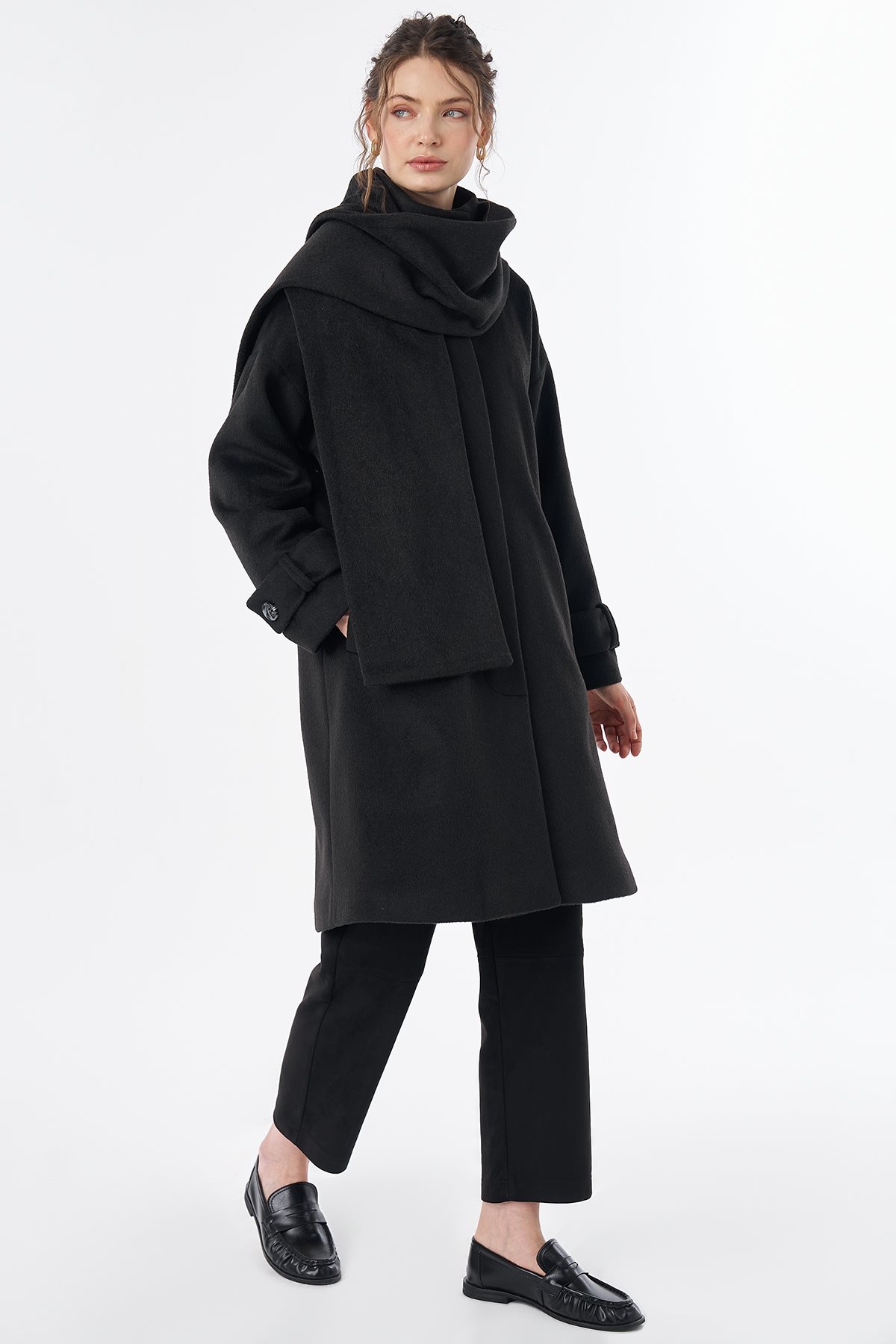 Scarf-Detail Wool Blend Coat Black