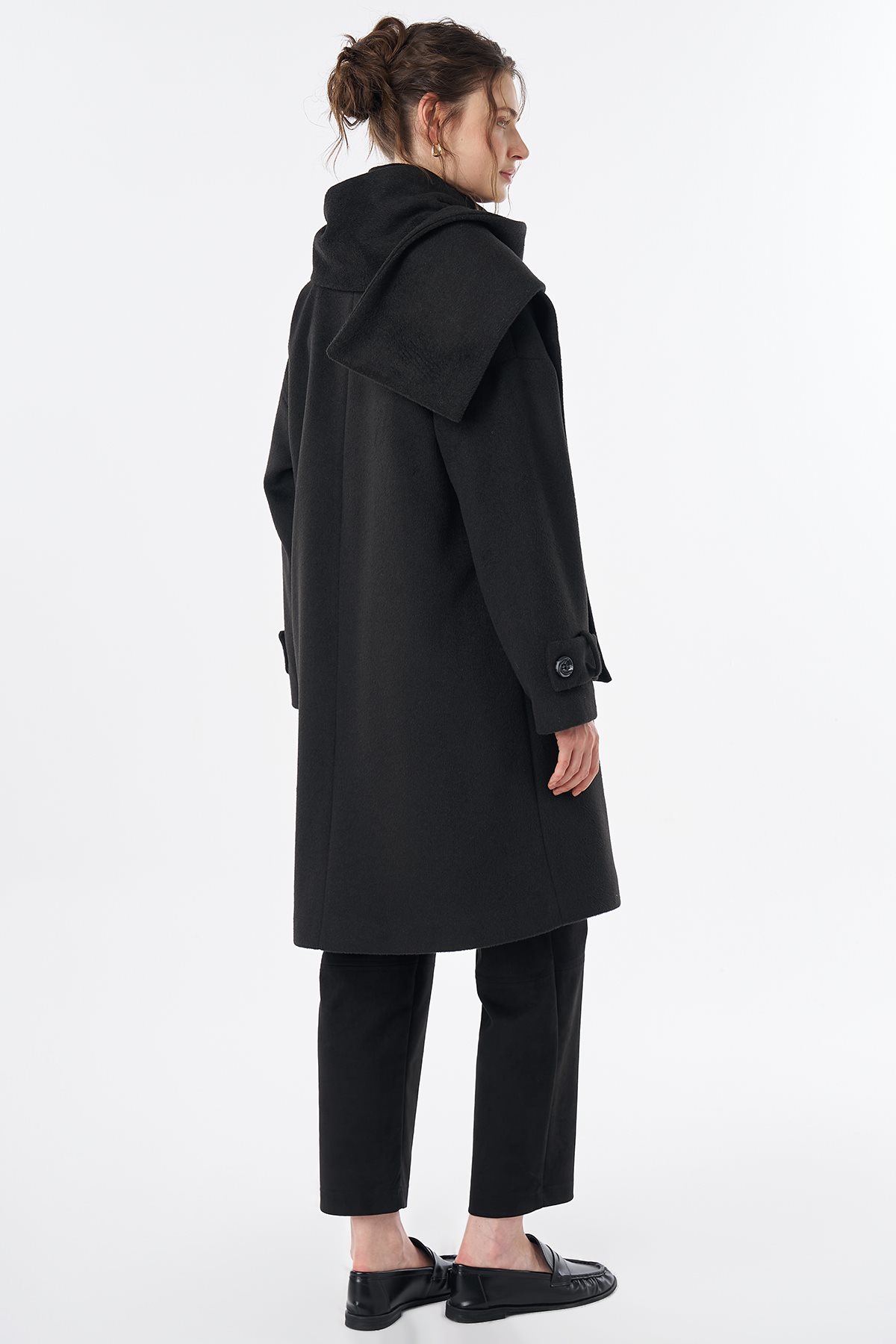 Scarf-Detail Wool Blend Coat Black