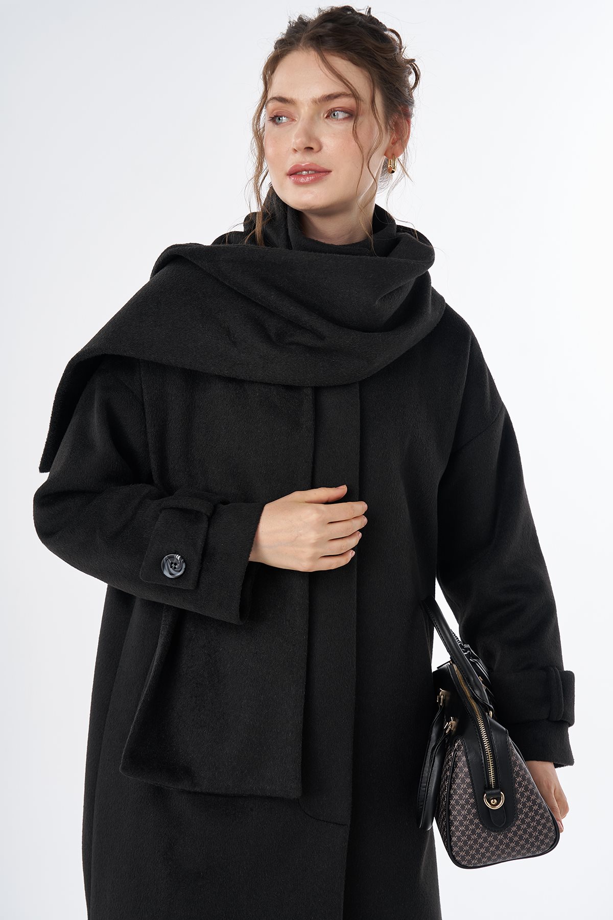 Scarf-Detail Wool Blend Coat Black