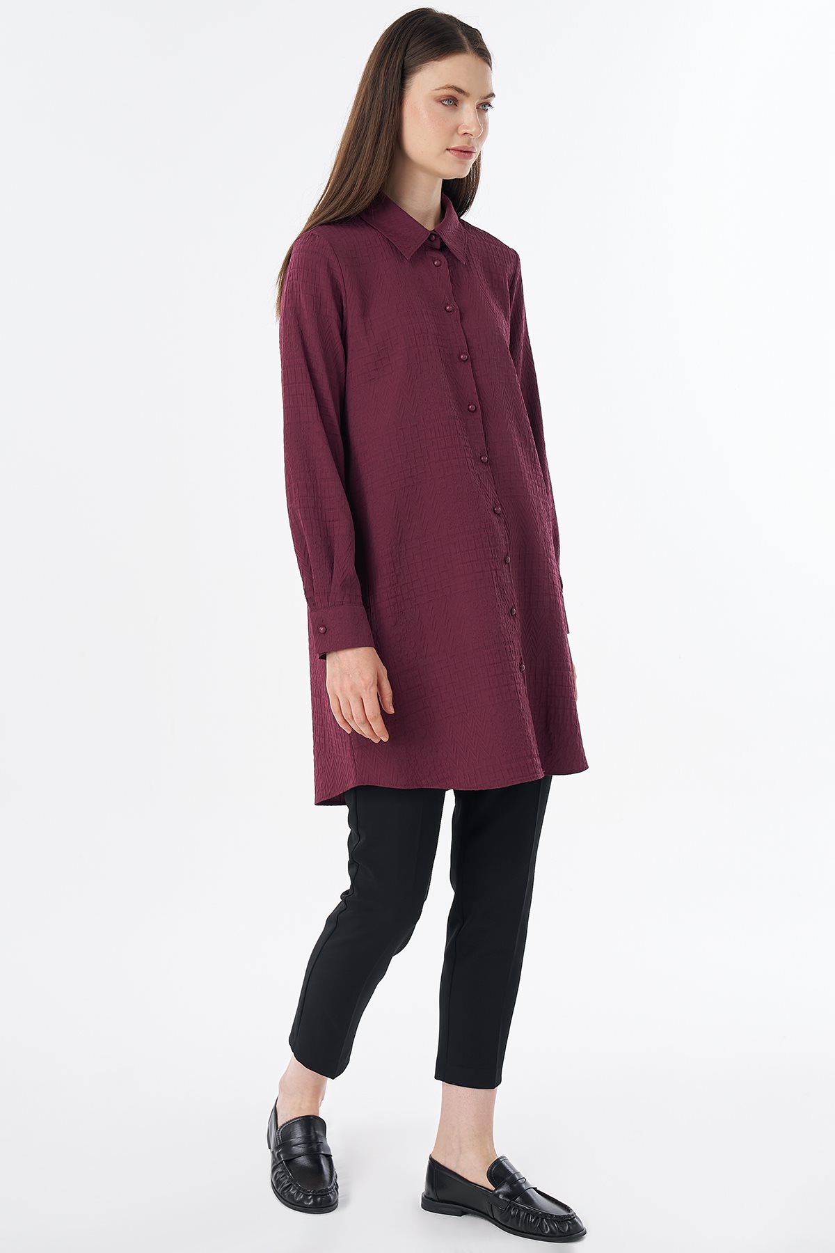 Shirt-Collar Viscose Tunic Burgundy