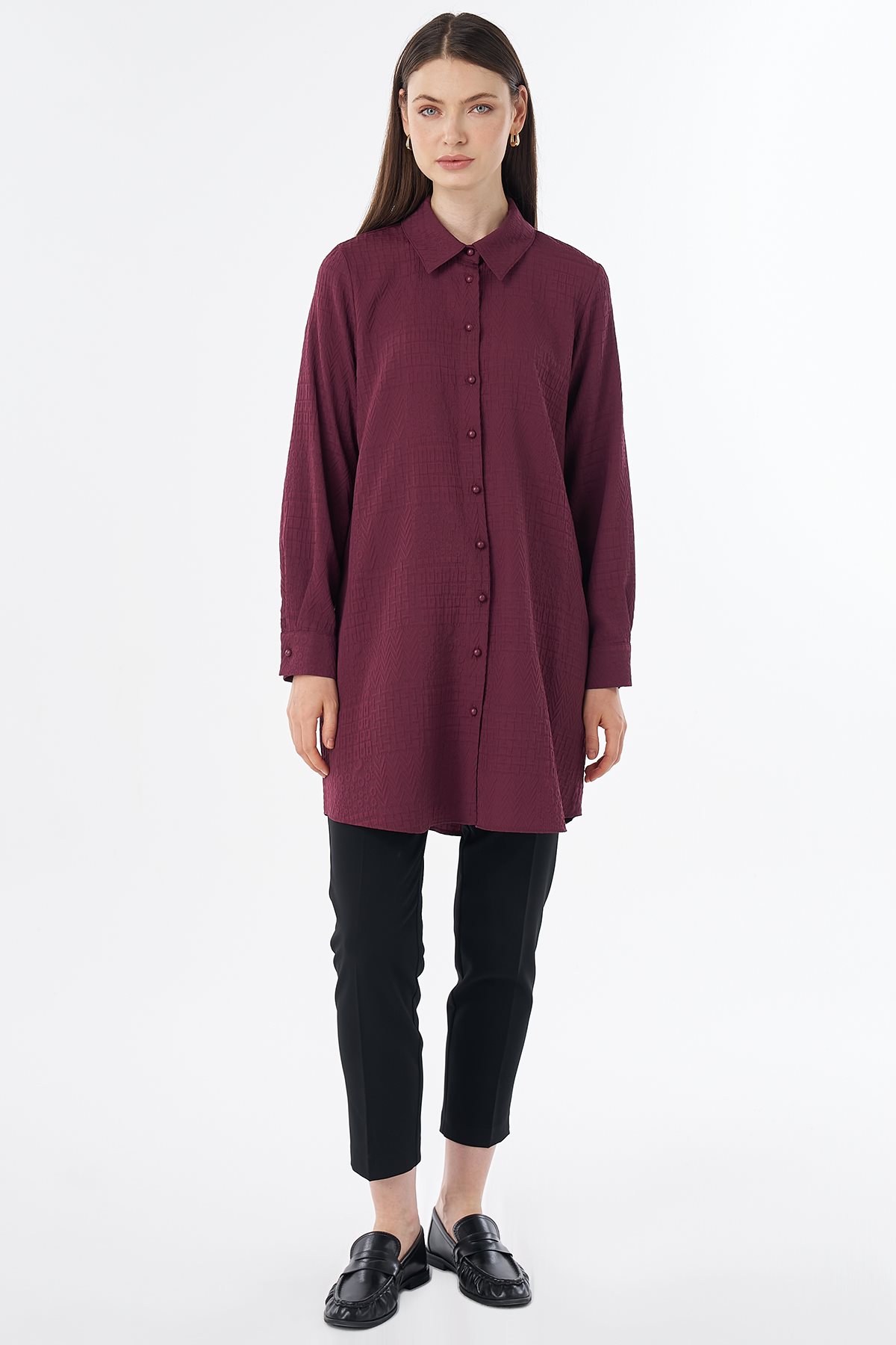 Shirt-Collar Viscose Tunic Burgundy