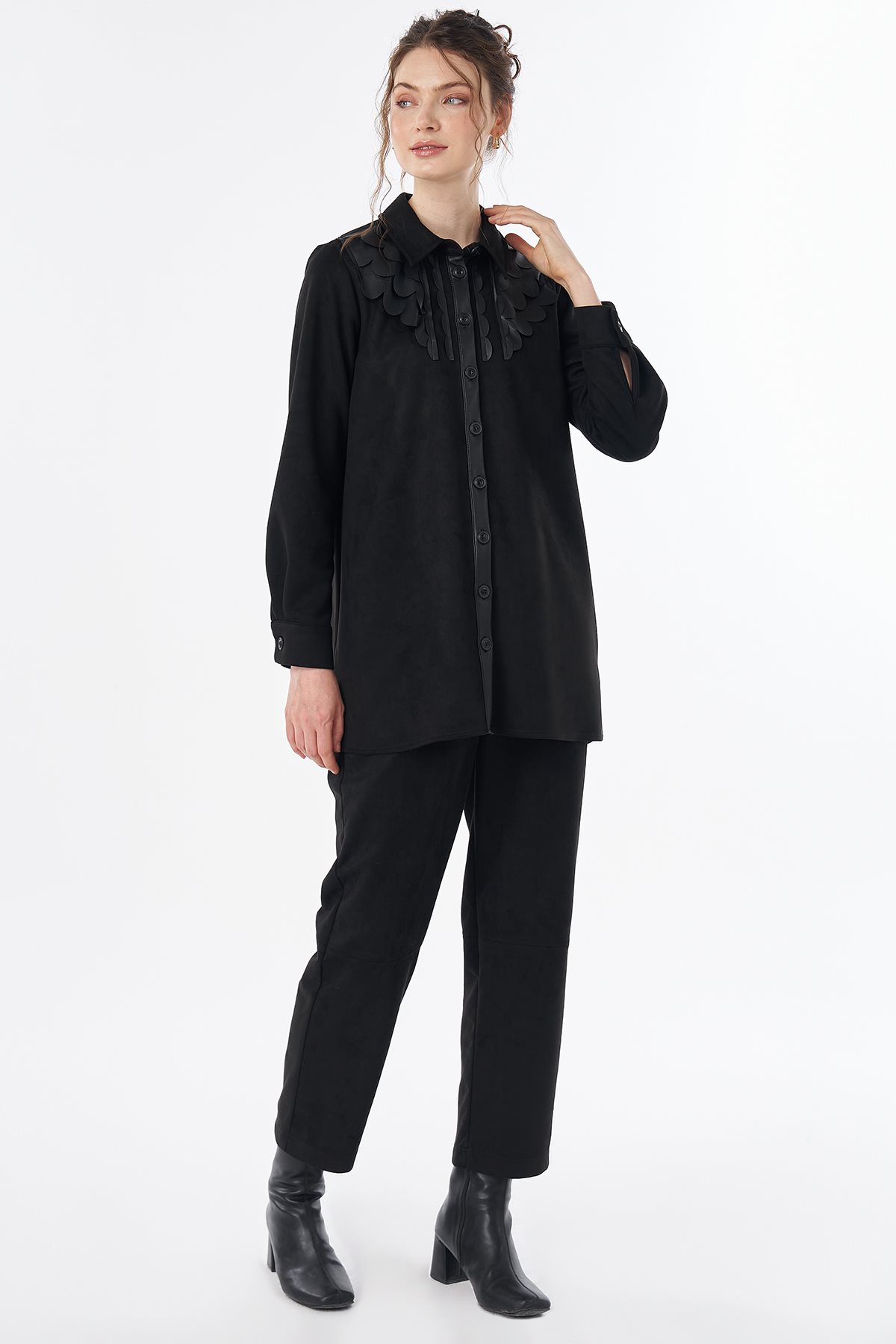 Leather-Detail Suede Tunic Black