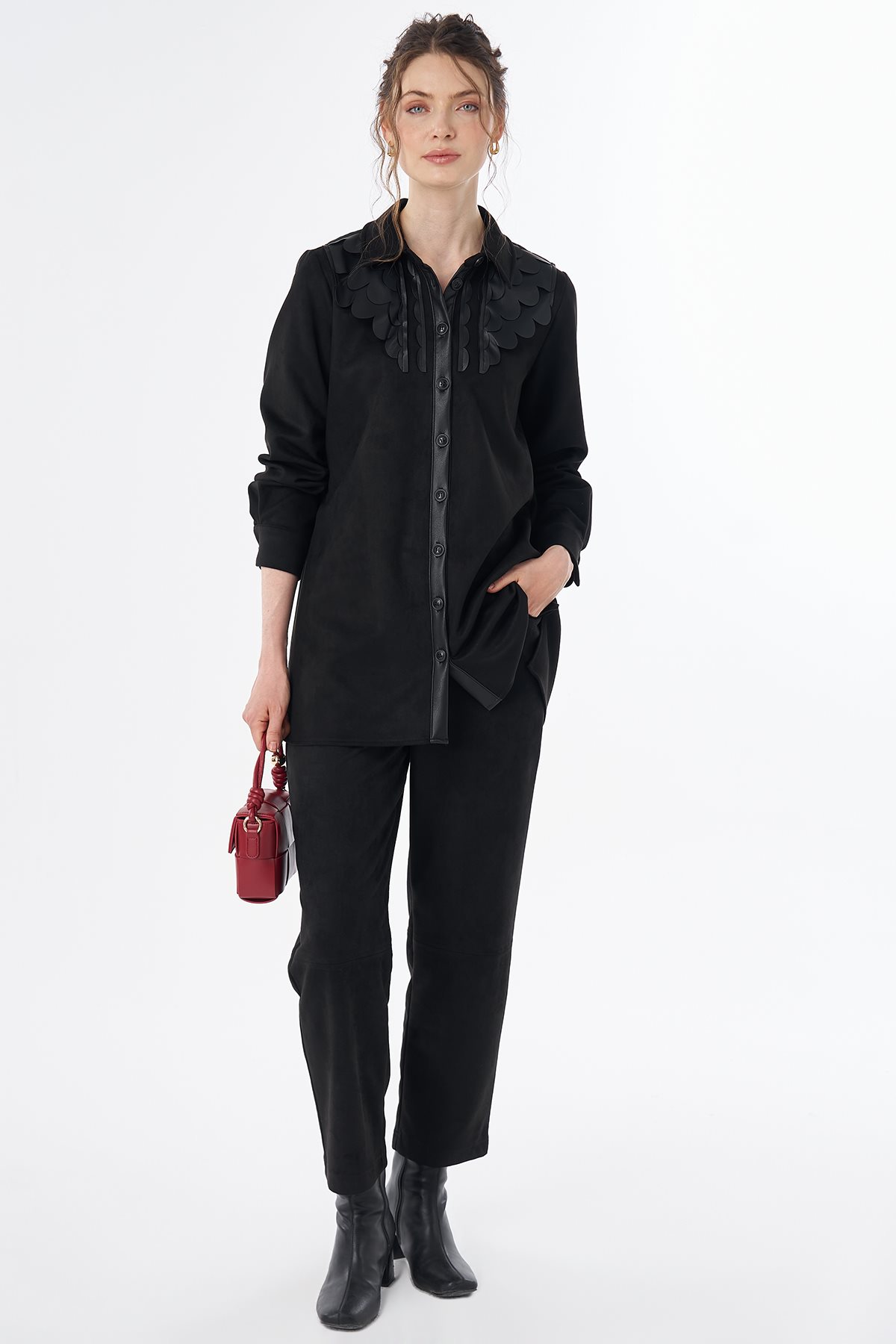 Leather-Detail Suede Tunic Black