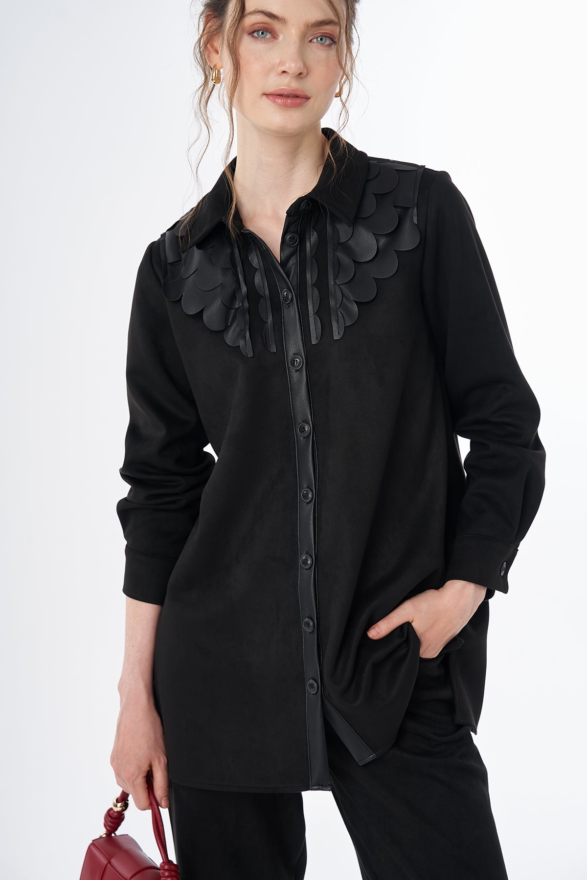 Leather-Detail Suede Tunic Black
