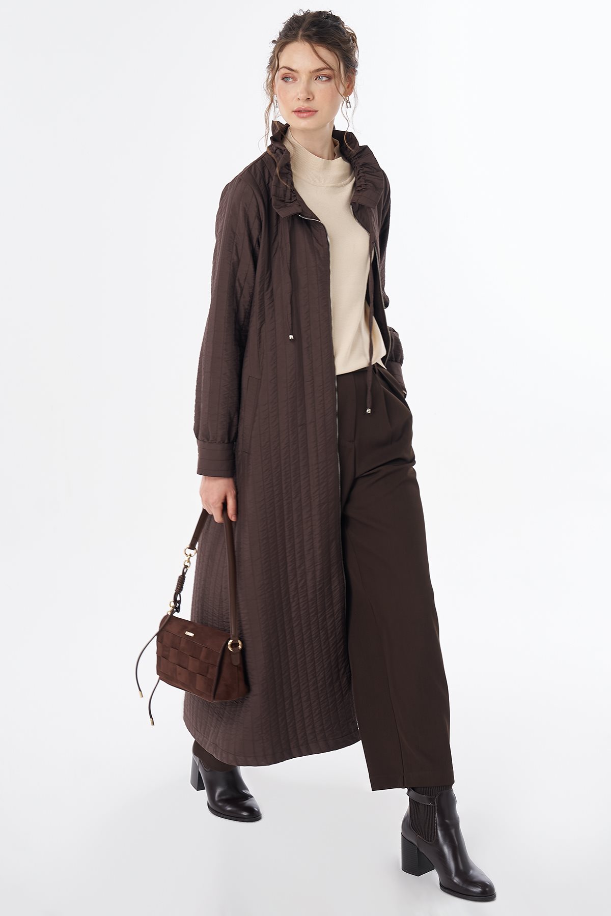 Stand-Collar Quilted Pull-On Coat Brown