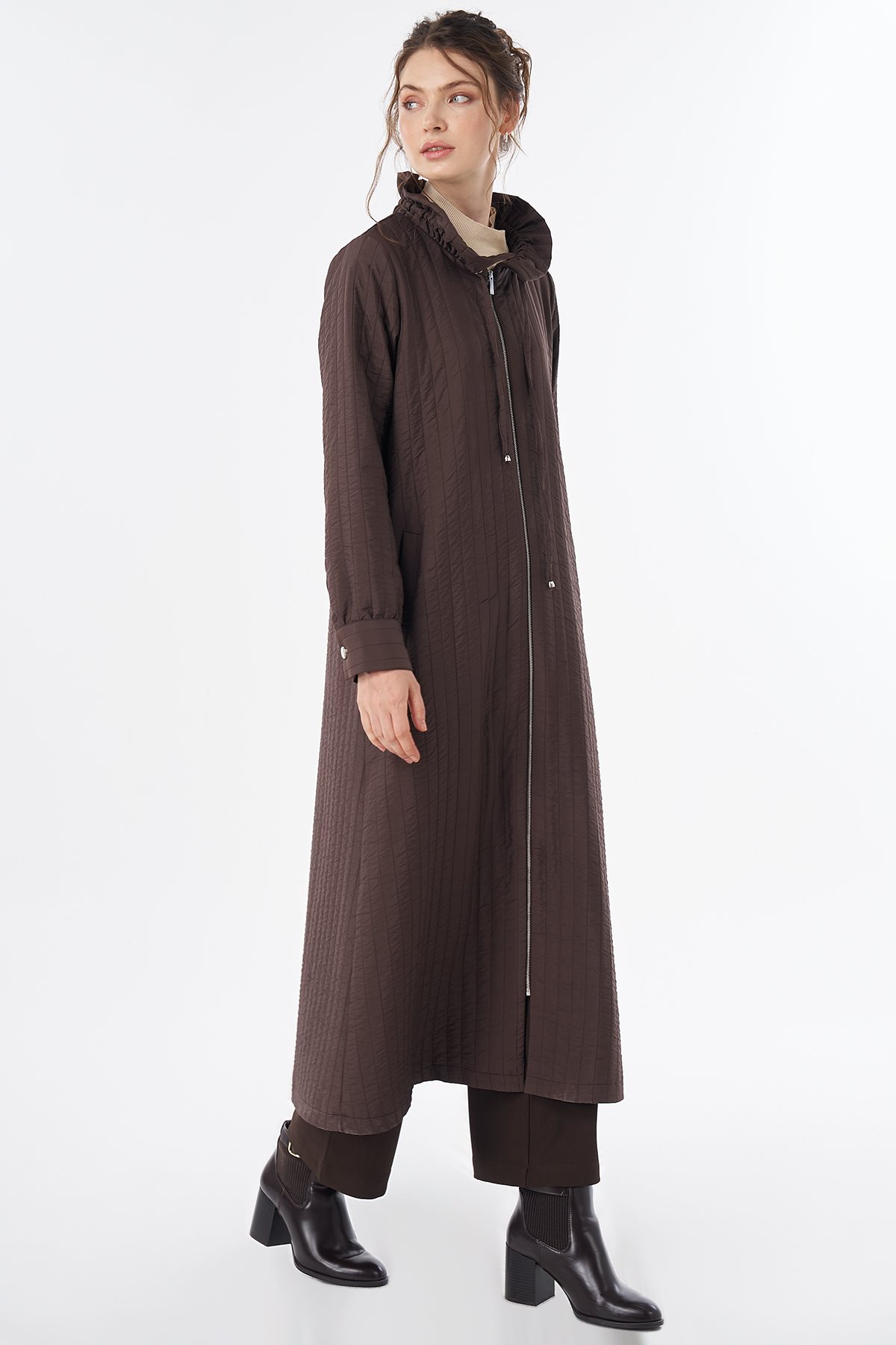 Stand-Collar Quilted Pull-On Coat Brown