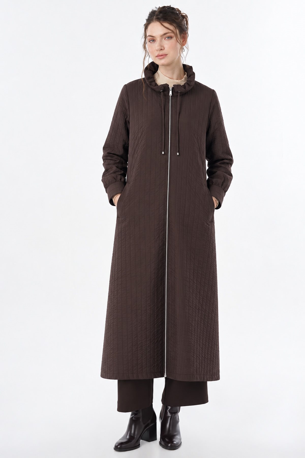 Stand-Collar Quilted Pull-On Coat Brown