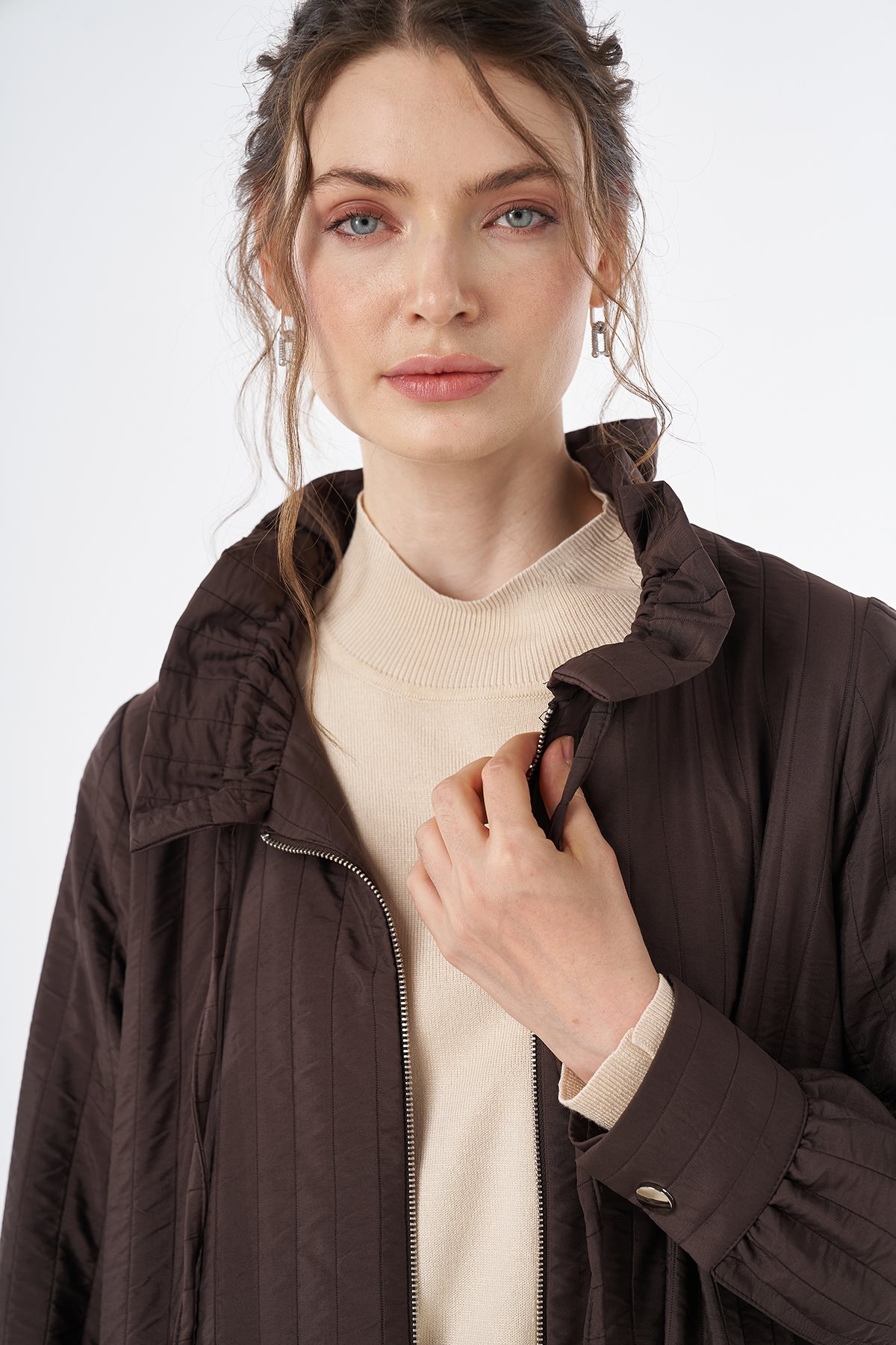Stand-Collar Quilted Pull-On Coat Brown