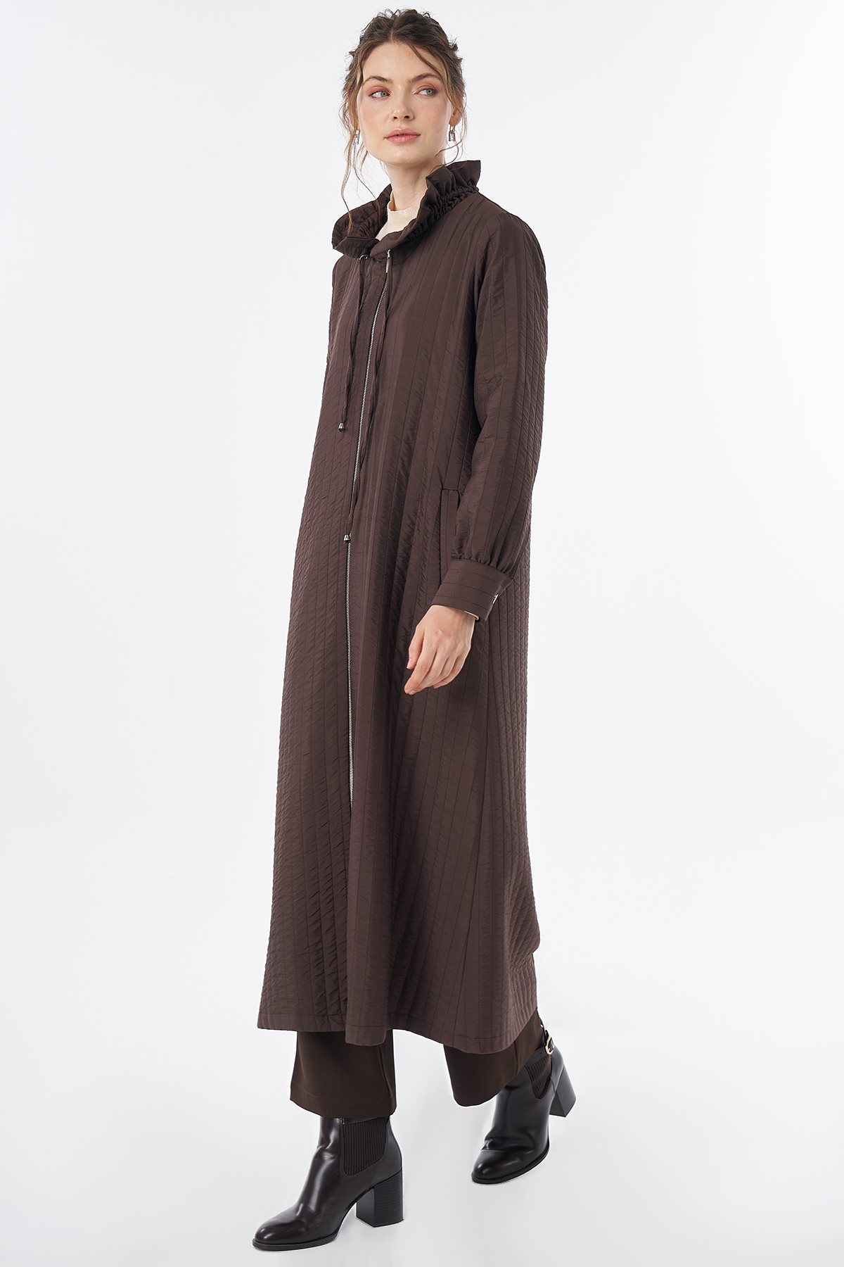 Stand-Collar Quilted Pull-On Coat Brown