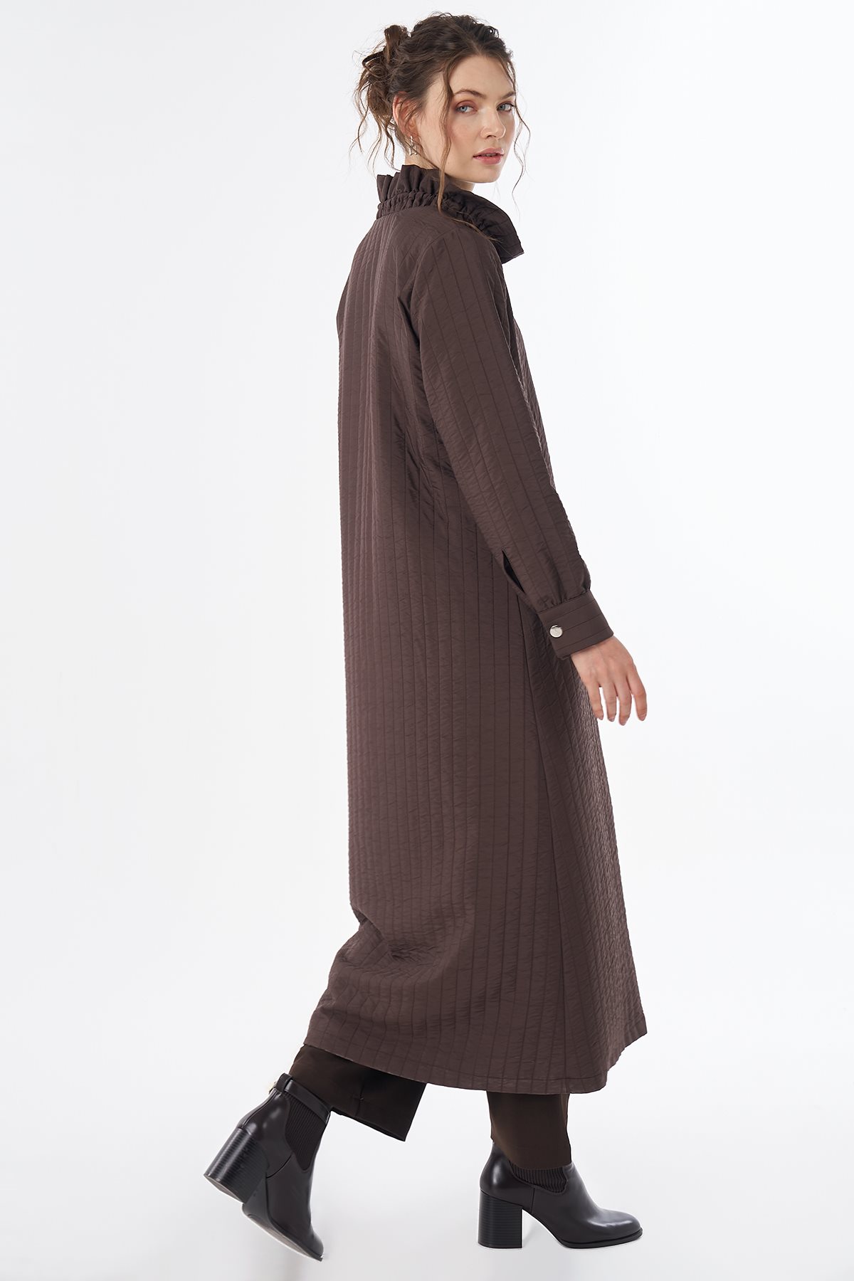 Stand-Collar Quilted Pull-On Coat Brown