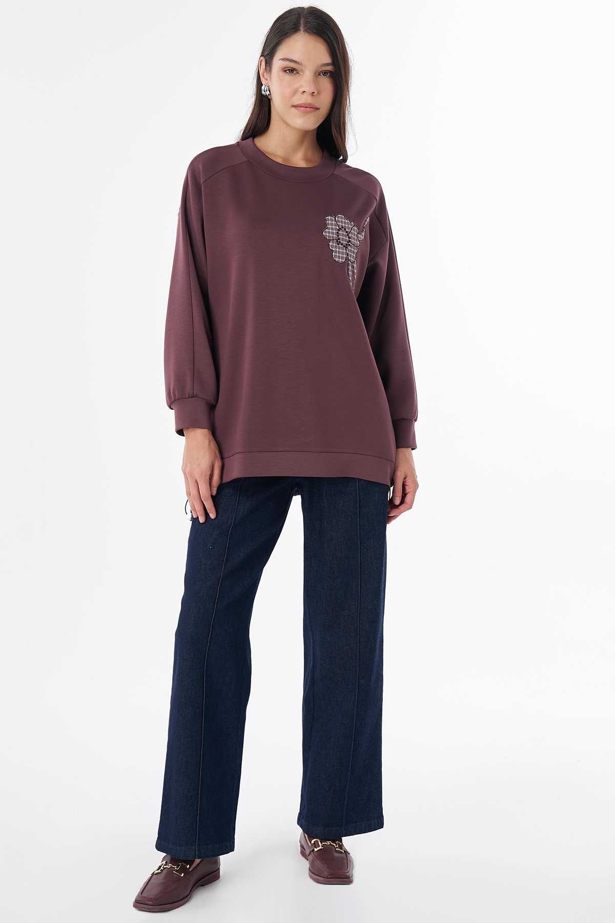 Ekose Çiçek Aplikeli Sweatshirt Bordo