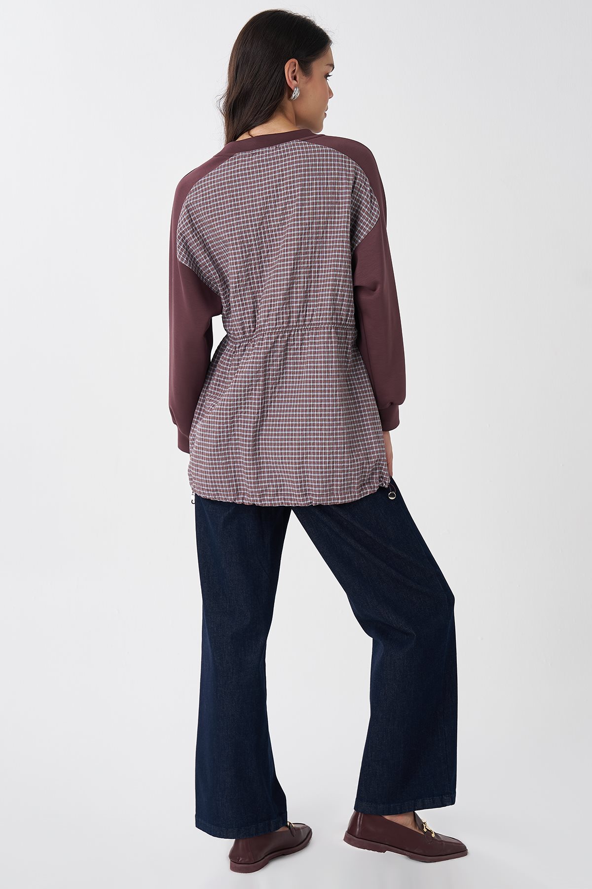 Ekose Çiçek Aplikeli Sweatshirt Bordo