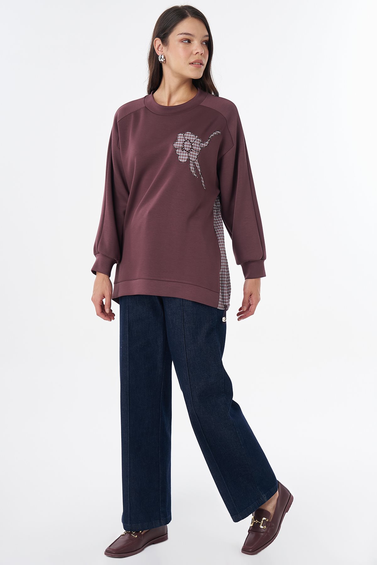 Ekose Çiçek Aplikeli Sweatshirt Bordo