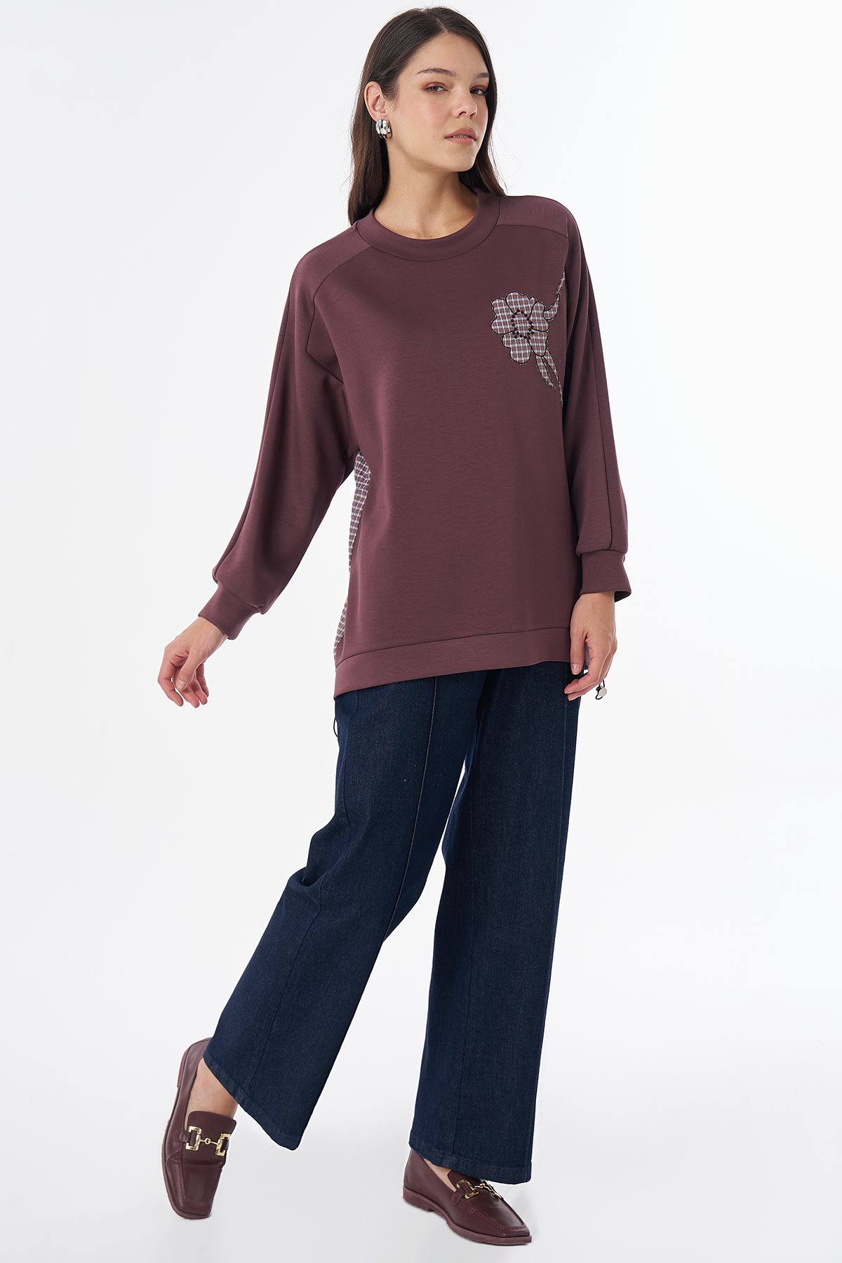 Ekose Çiçek Aplikeli Sweatshirt Bordo