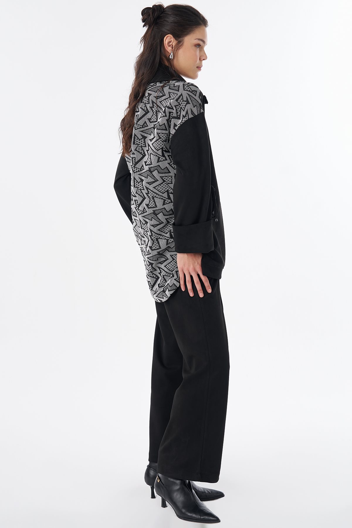 Garnili Süet Sweatshirt Siyah