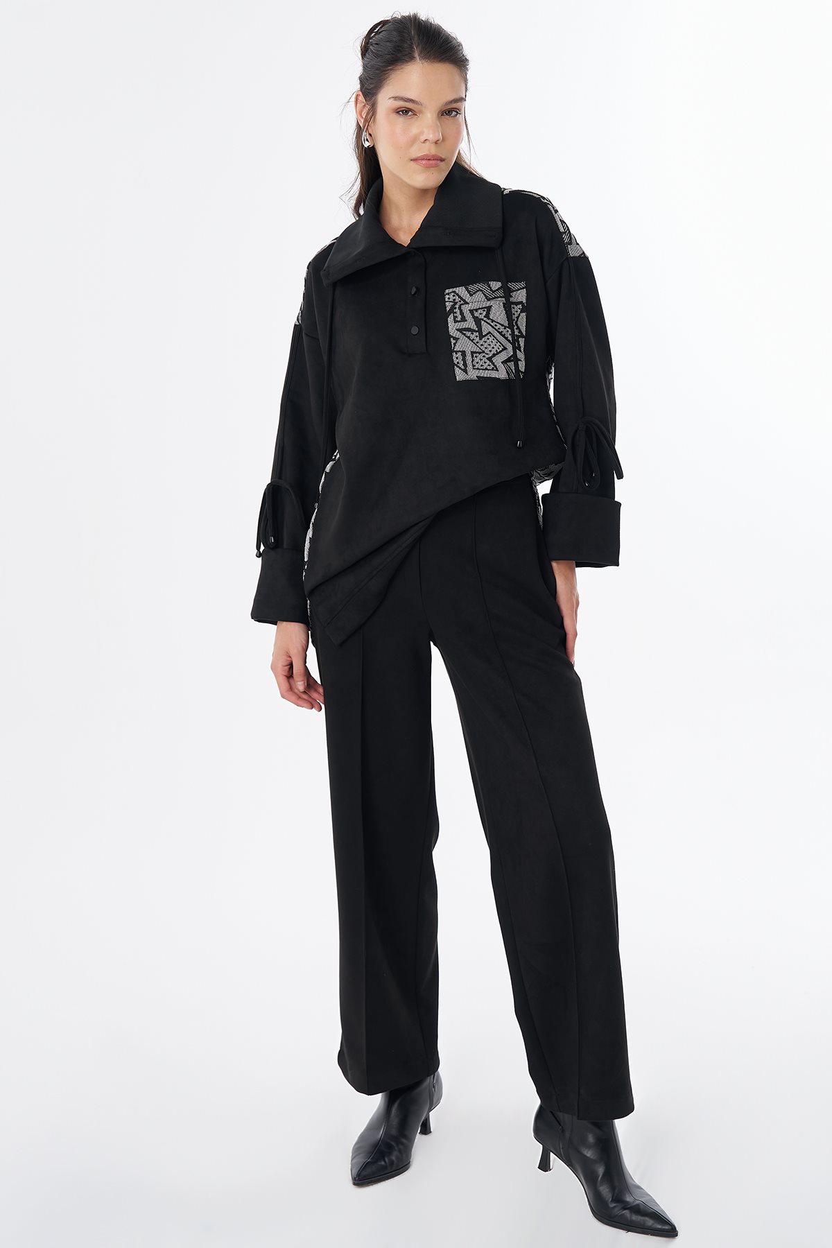 Garnili Süet Sweatshirt Siyah