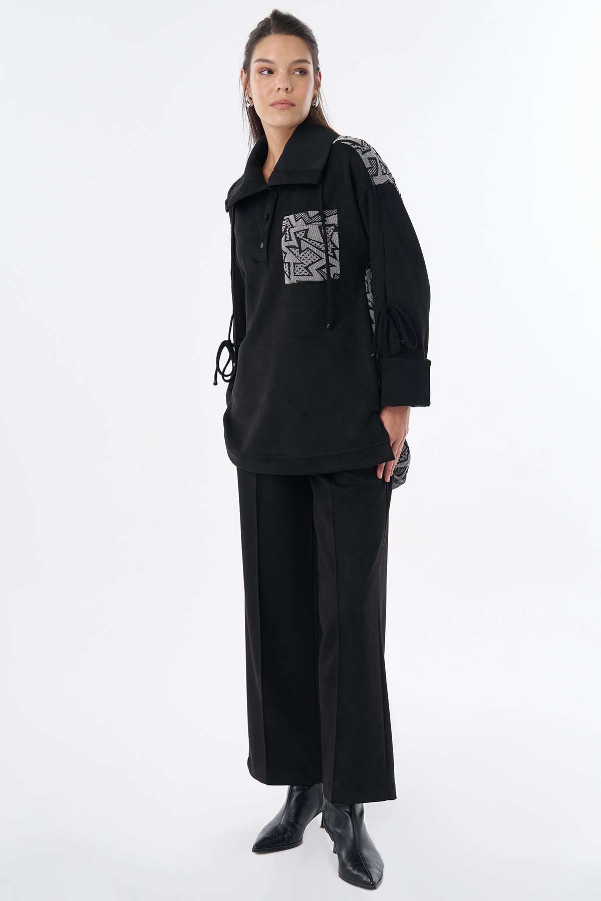 Garnili Süet Sweatshirt Siyah
