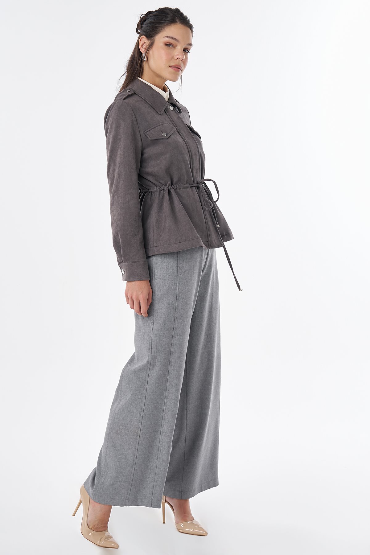 Drawstring Waist Suede Jacket Gray