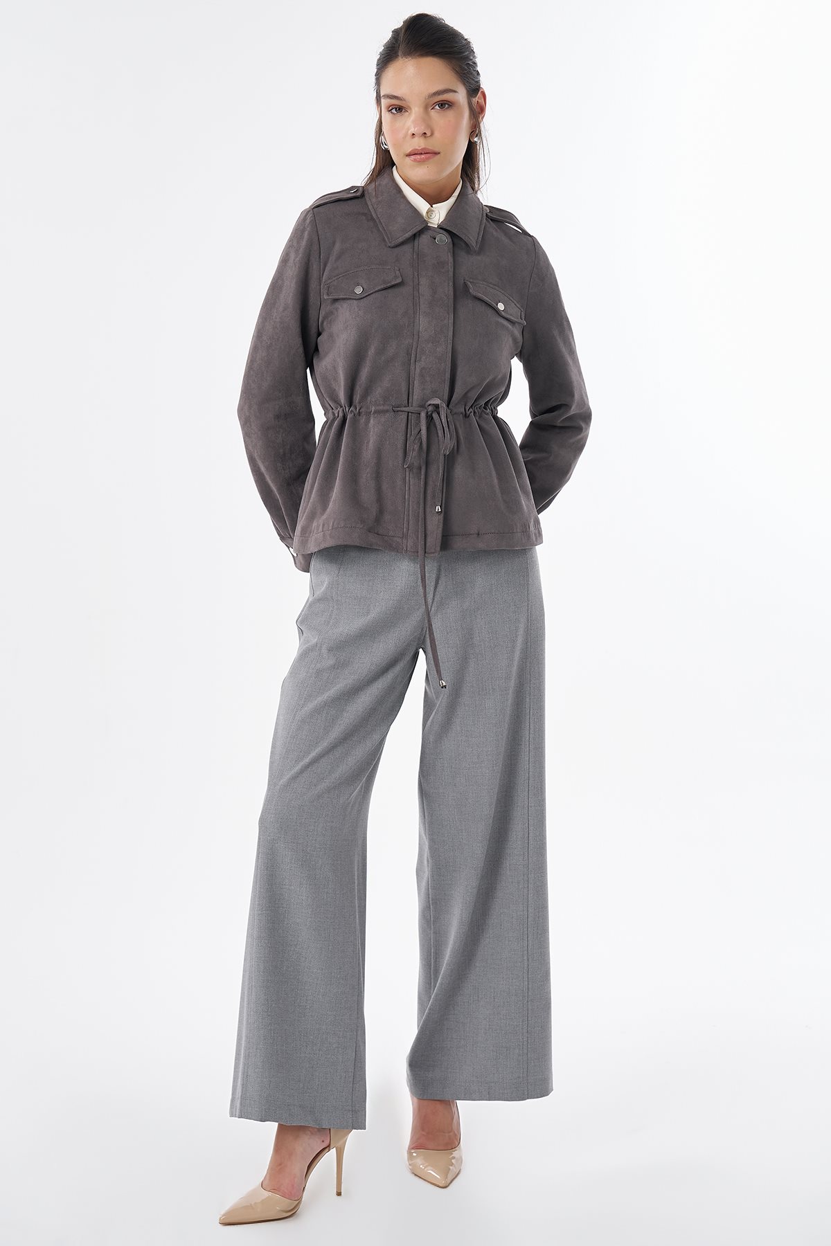 Drawstring Waist Suede Jacket Gray