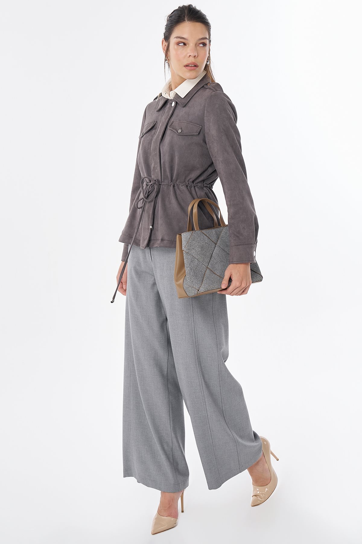 Drawstring Waist Suede Jacket Gray