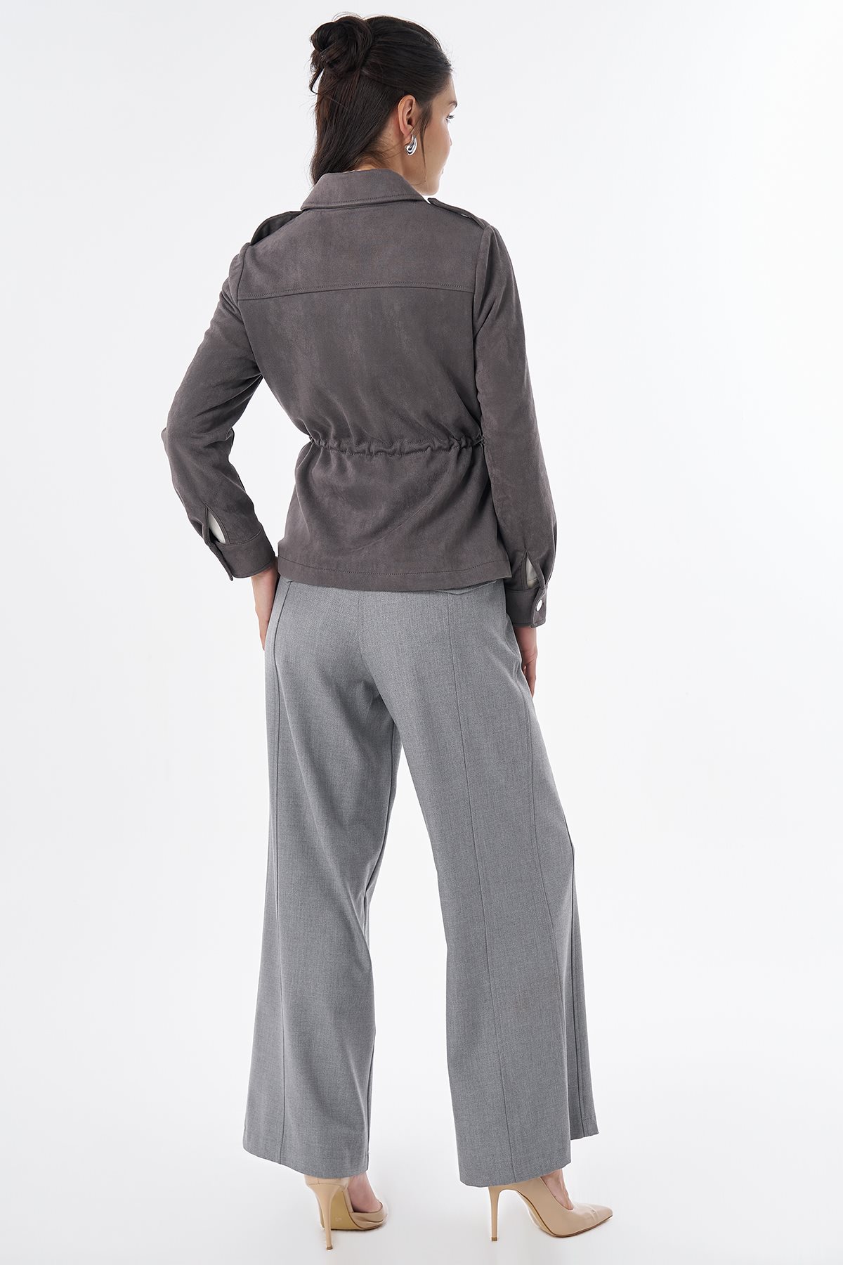 Drawstring Waist Suede Jacket Gray