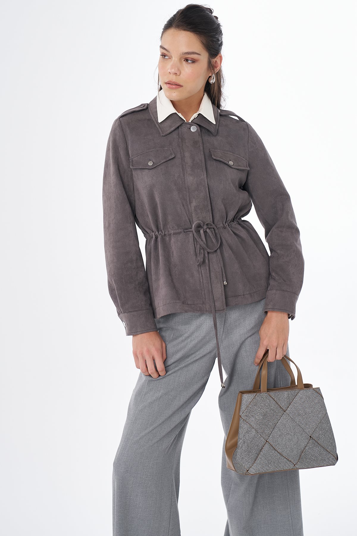 Drawstring Waist Suede Jacket Gray